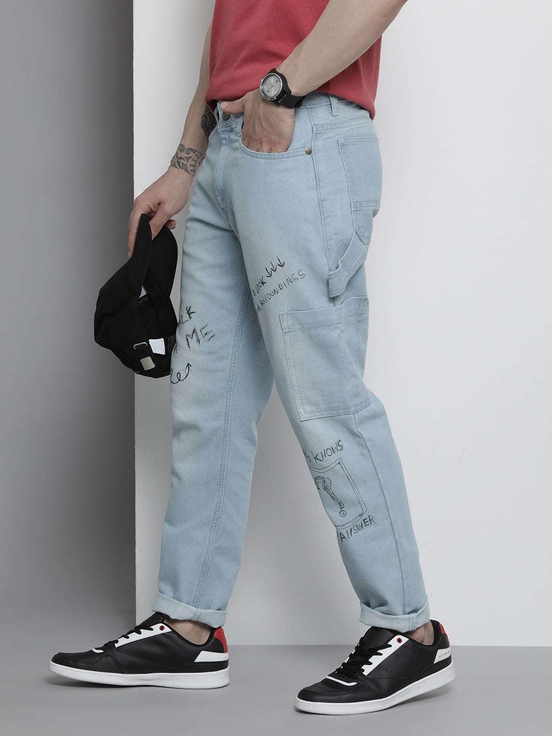 Men's Blue Carpenter Fit Placement Print Mid-Rise Cargo Denim - Image 2