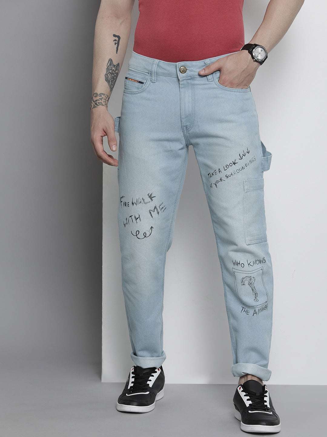 Men's Blue Carpenter Fit Placement Print Mid-Rise Cargo Denim - Image 4