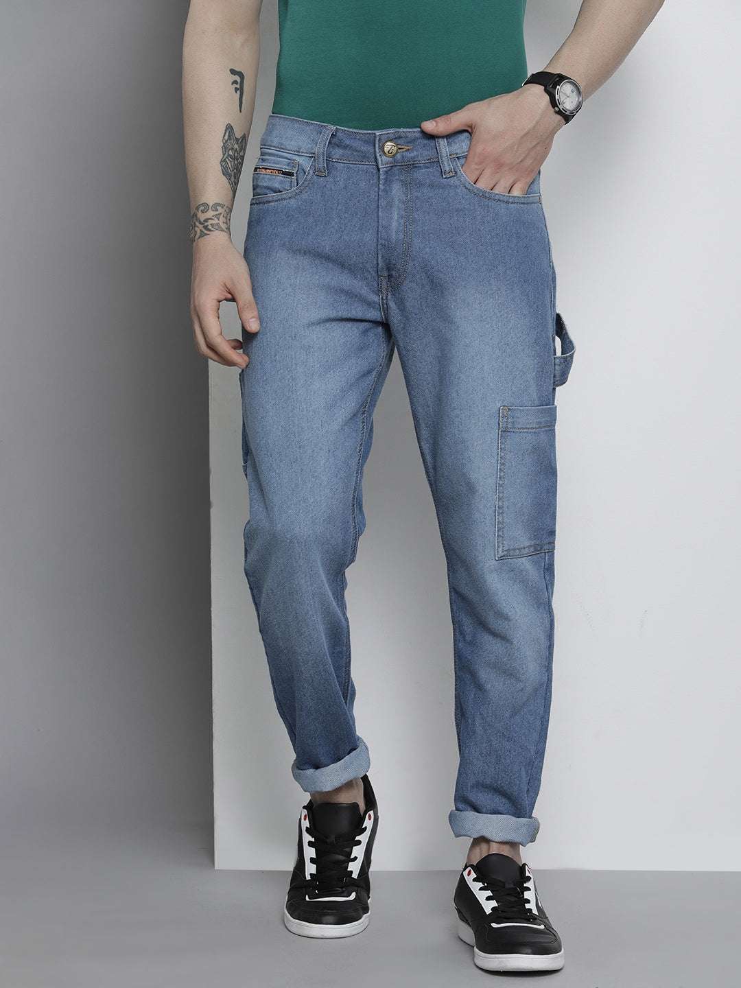 Men's Blue Carpenter Fit Solid Mid-Rise Cargo Jeans - Image 2