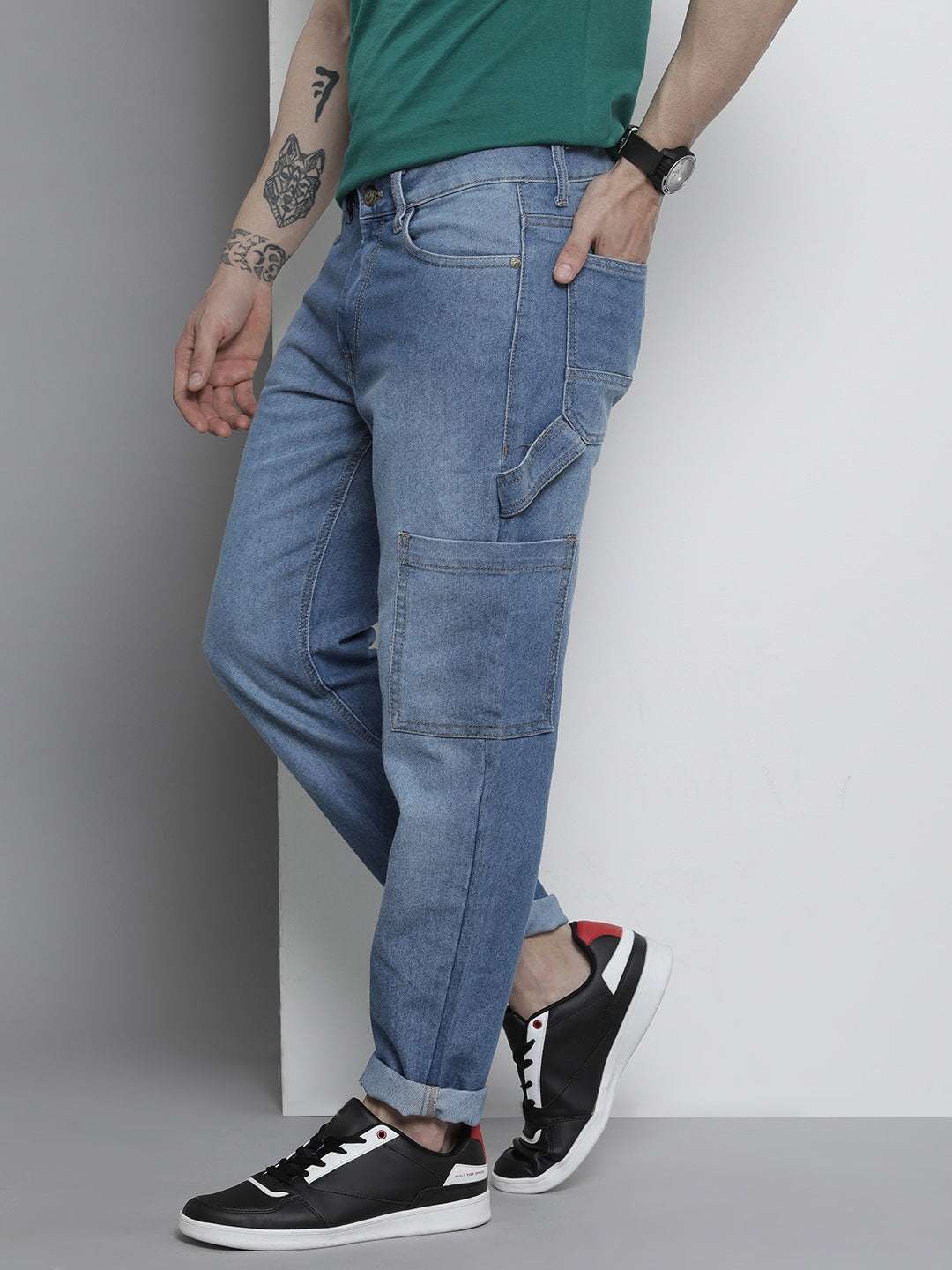 Men's Blue Carpenter Fit Solid Mid-Rise Cargo Jeans - Image 3
