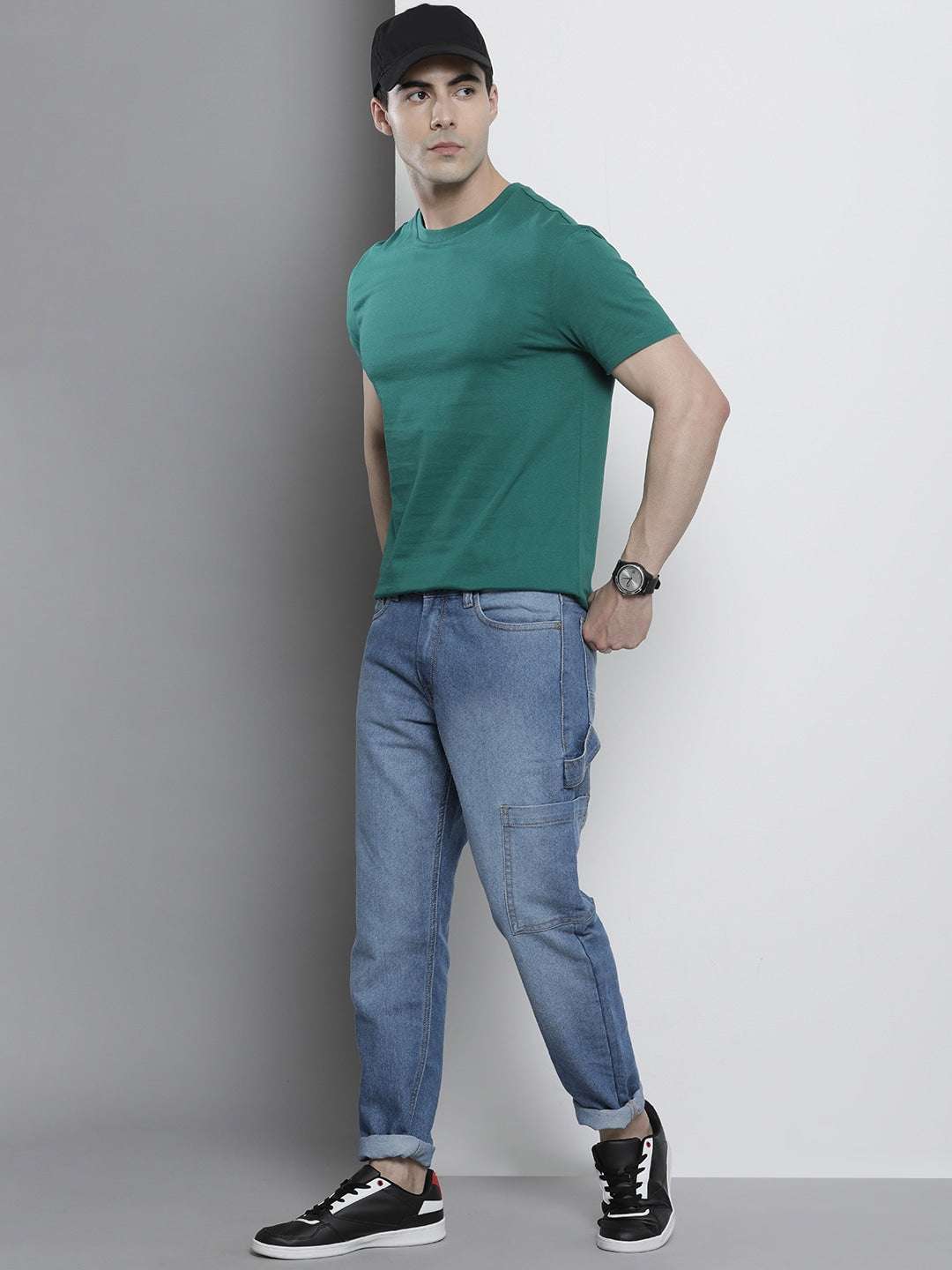 Men's Blue Carpenter Fit Solid Mid-Rise Cargo Jeans - Image 5