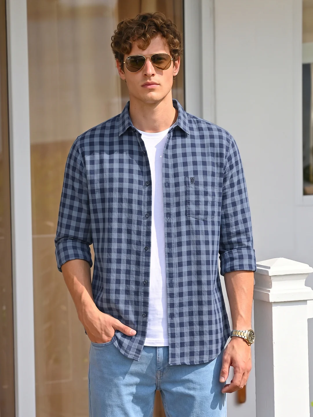 Men's Grey Regular Fit Checkered Casual Shirt