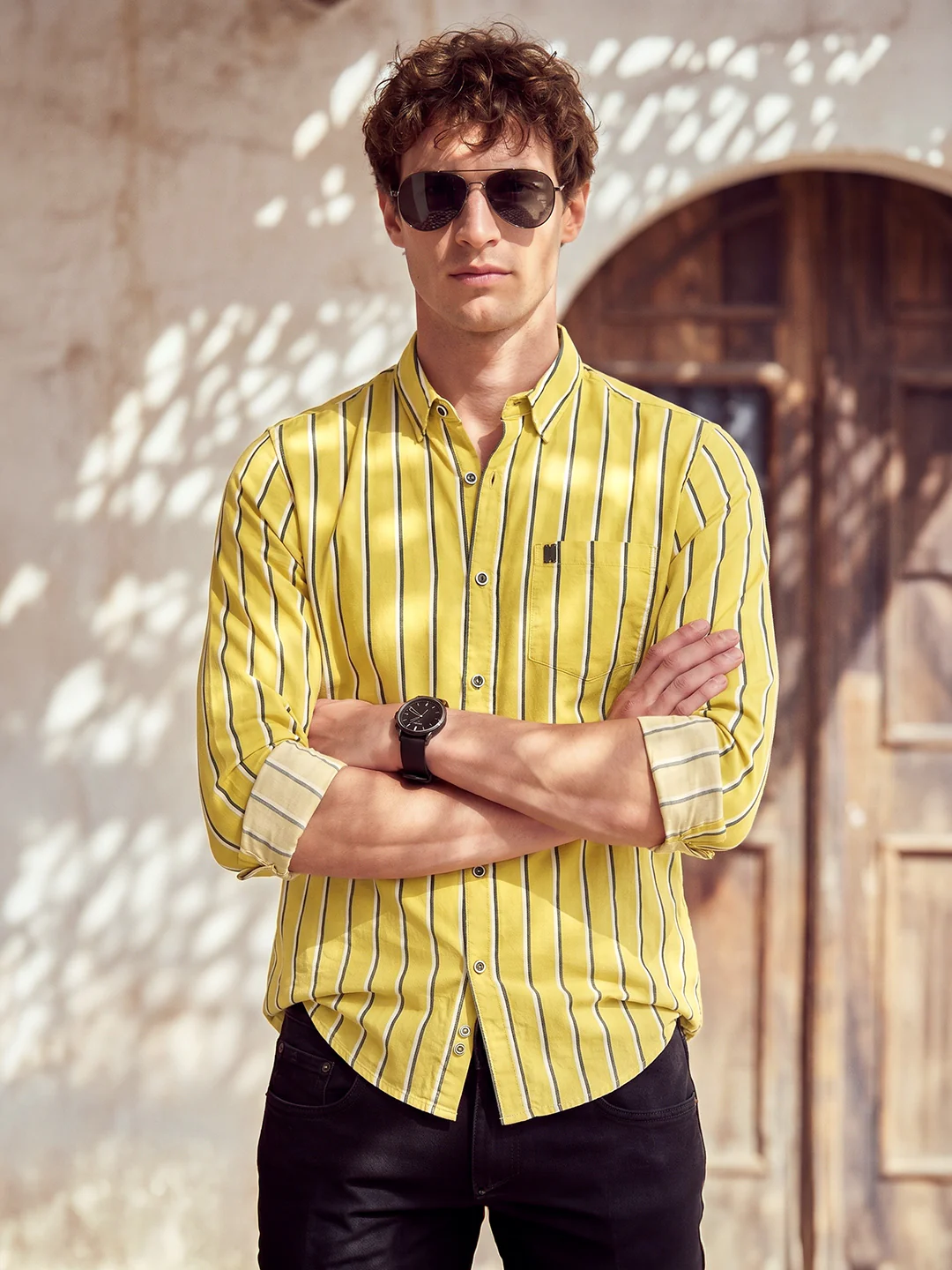 Men's Yellow Regular Fit Striped Casual Shirt