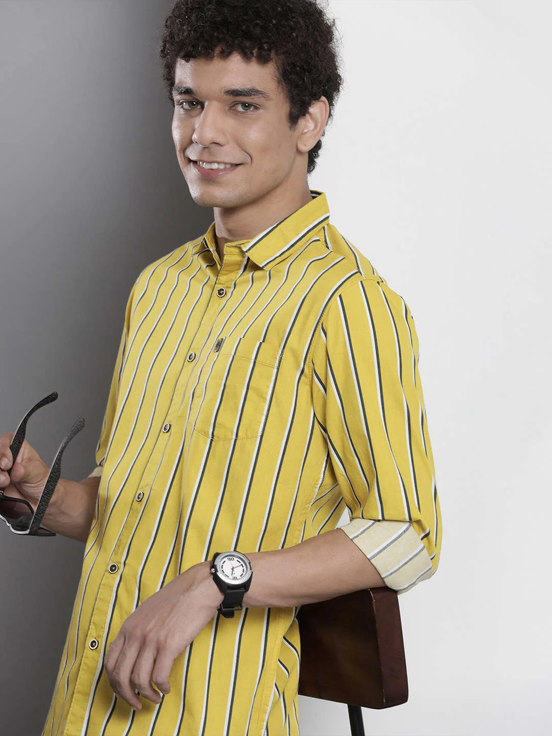 Men's Yellow Regular Fit Striped Casual Shirt - Image 2