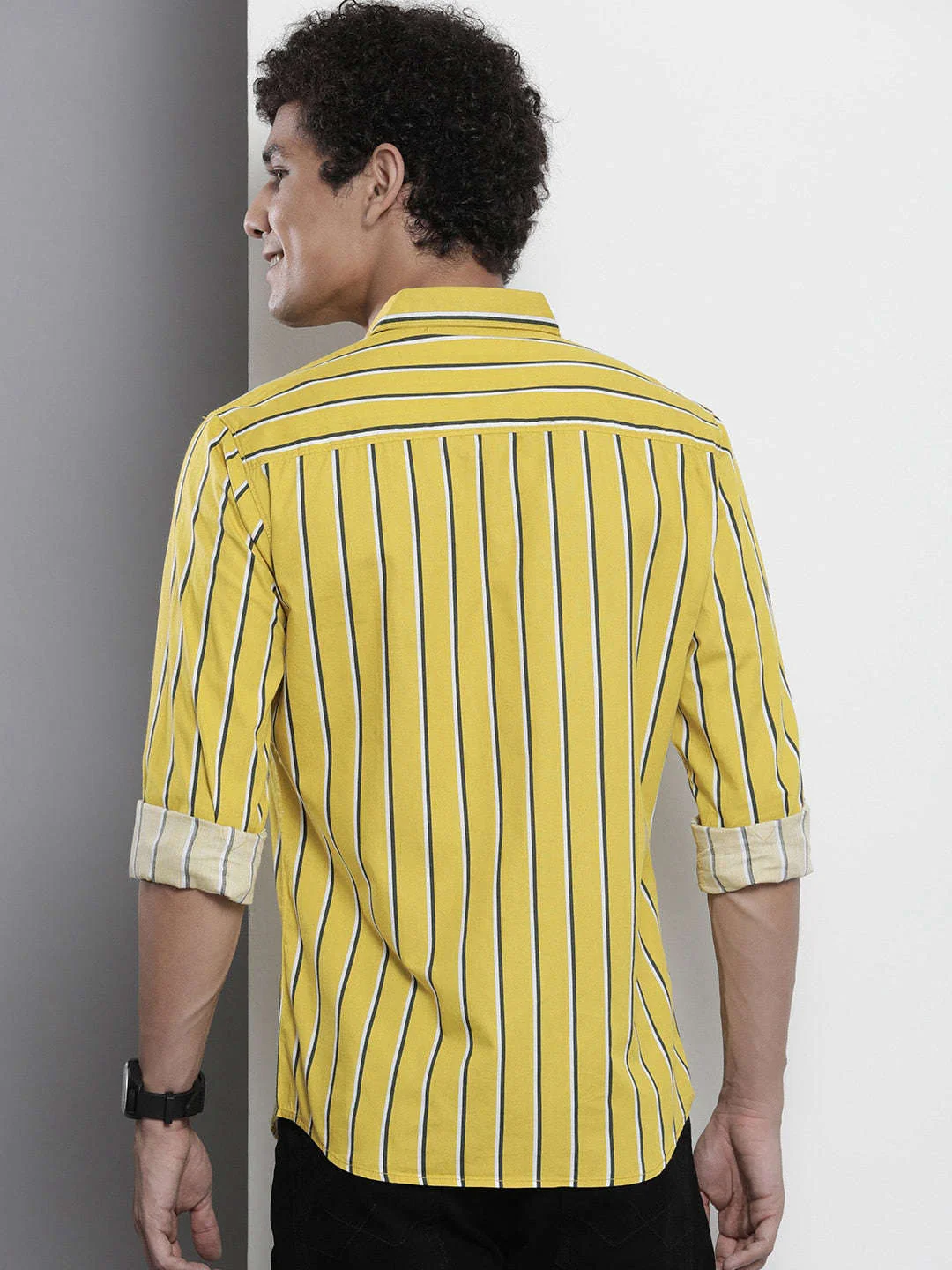 Men's Yellow Regular Fit Striped Casual Shirt - Image 5