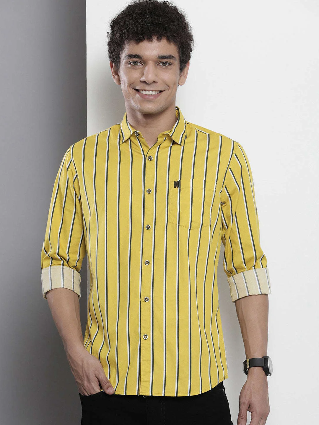 Men's Yellow Regular Fit Striped Casual Shirt - Image 6