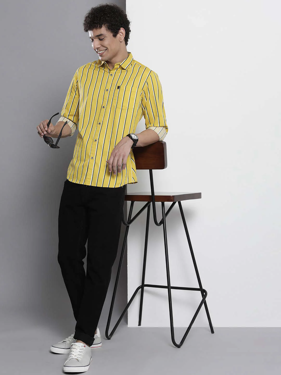 Men's Yellow Regular Fit Striped Casual Shirt - Image 7