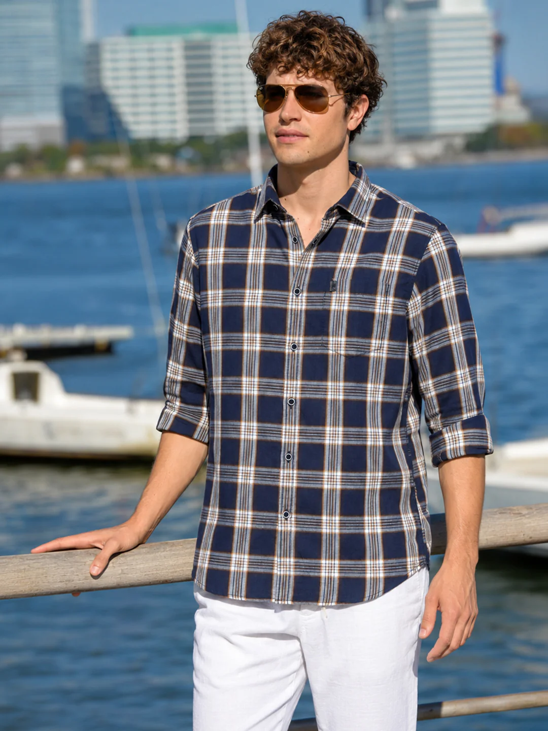 Men's Navy Blue Regular Fit Checkered Casual Shirt