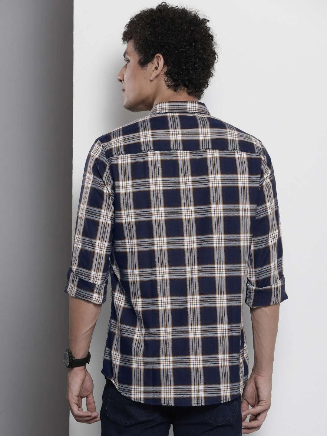 Men's Navy Blue Regular Fit Checkered Casual Shirt - Image 5
