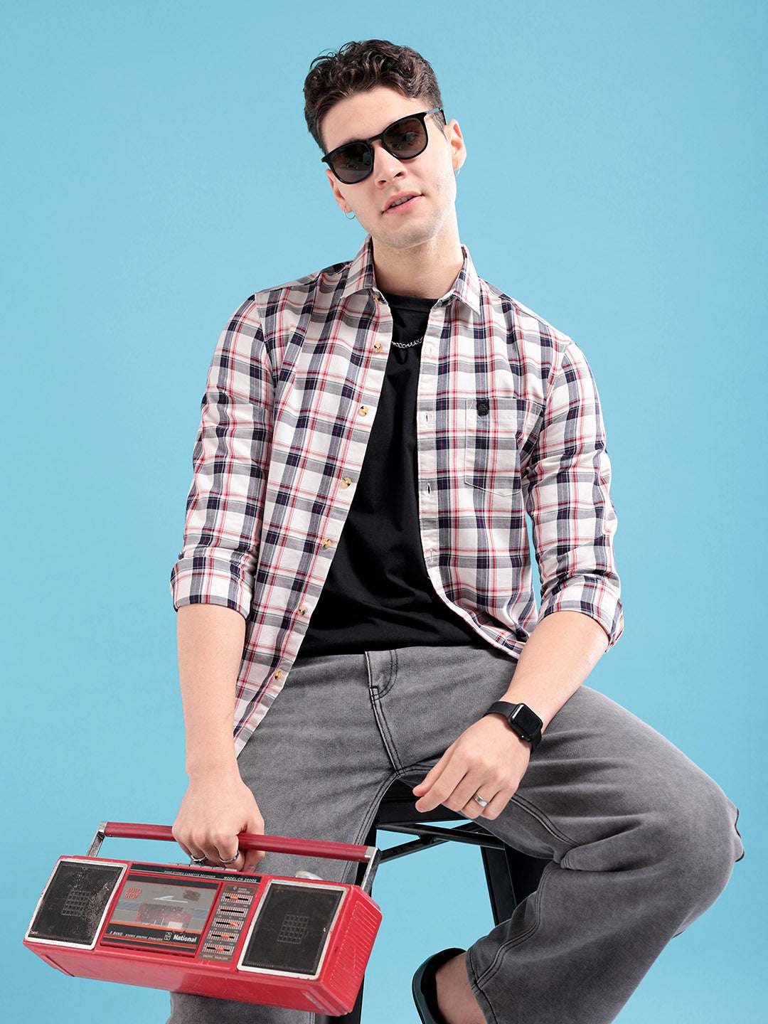 Men's White Regular Fit Checkered Casual Shirt - Image 2