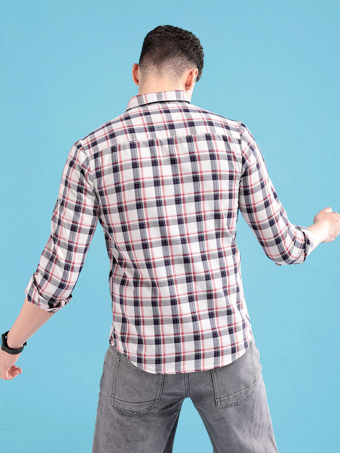 Men's White Regular Fit Checkered Casual Shirt - Image 4