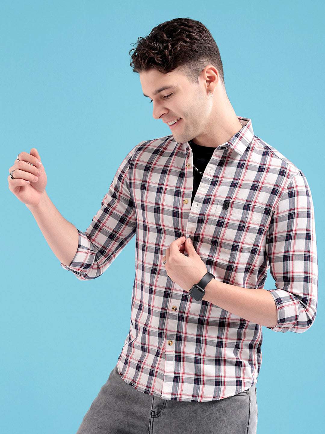 Men's White Regular Fit Checkered Casual Shirt - Image 5