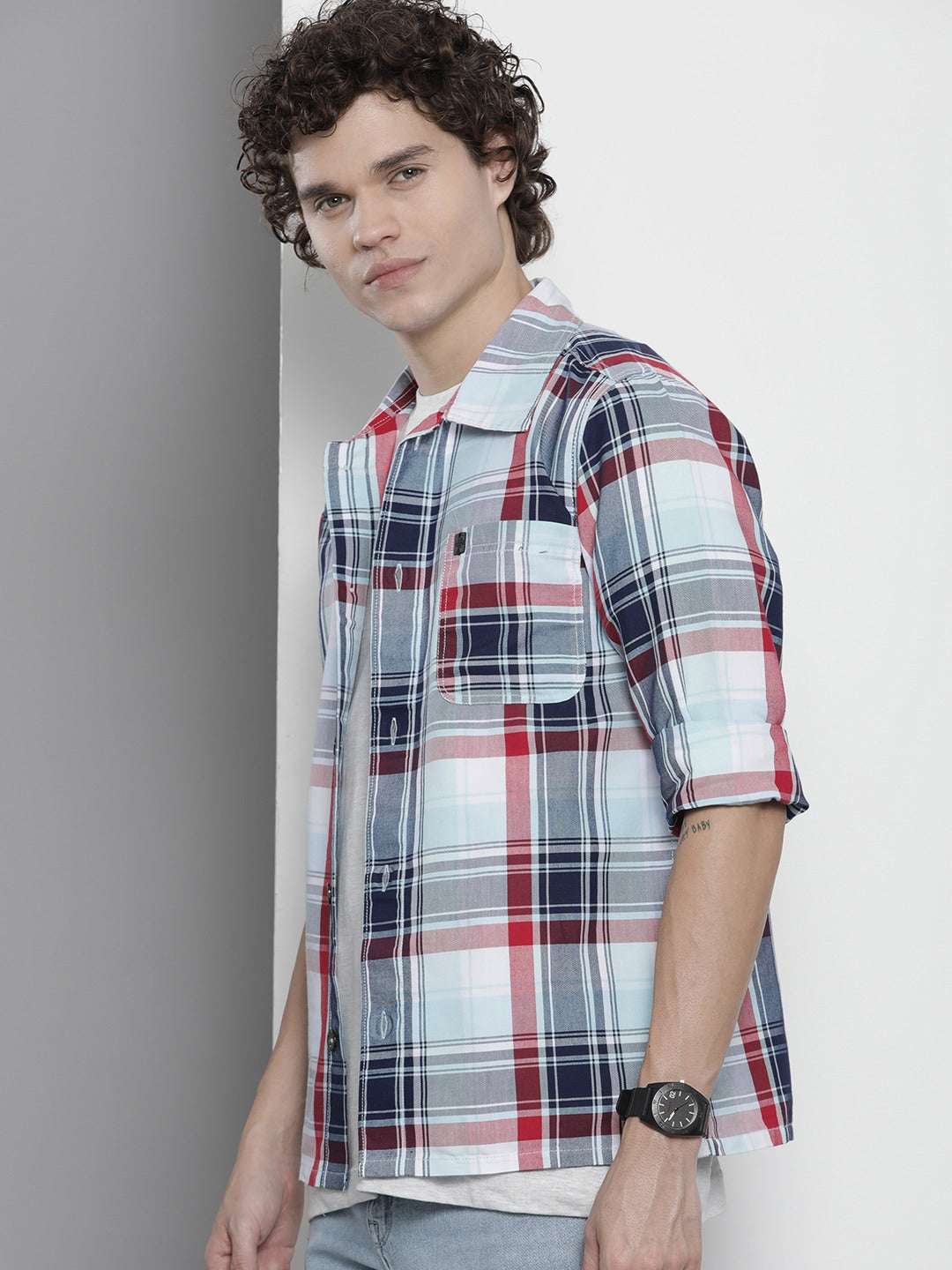 Men's Blue Regular Fit Checkered Casual Shirt - Image 5