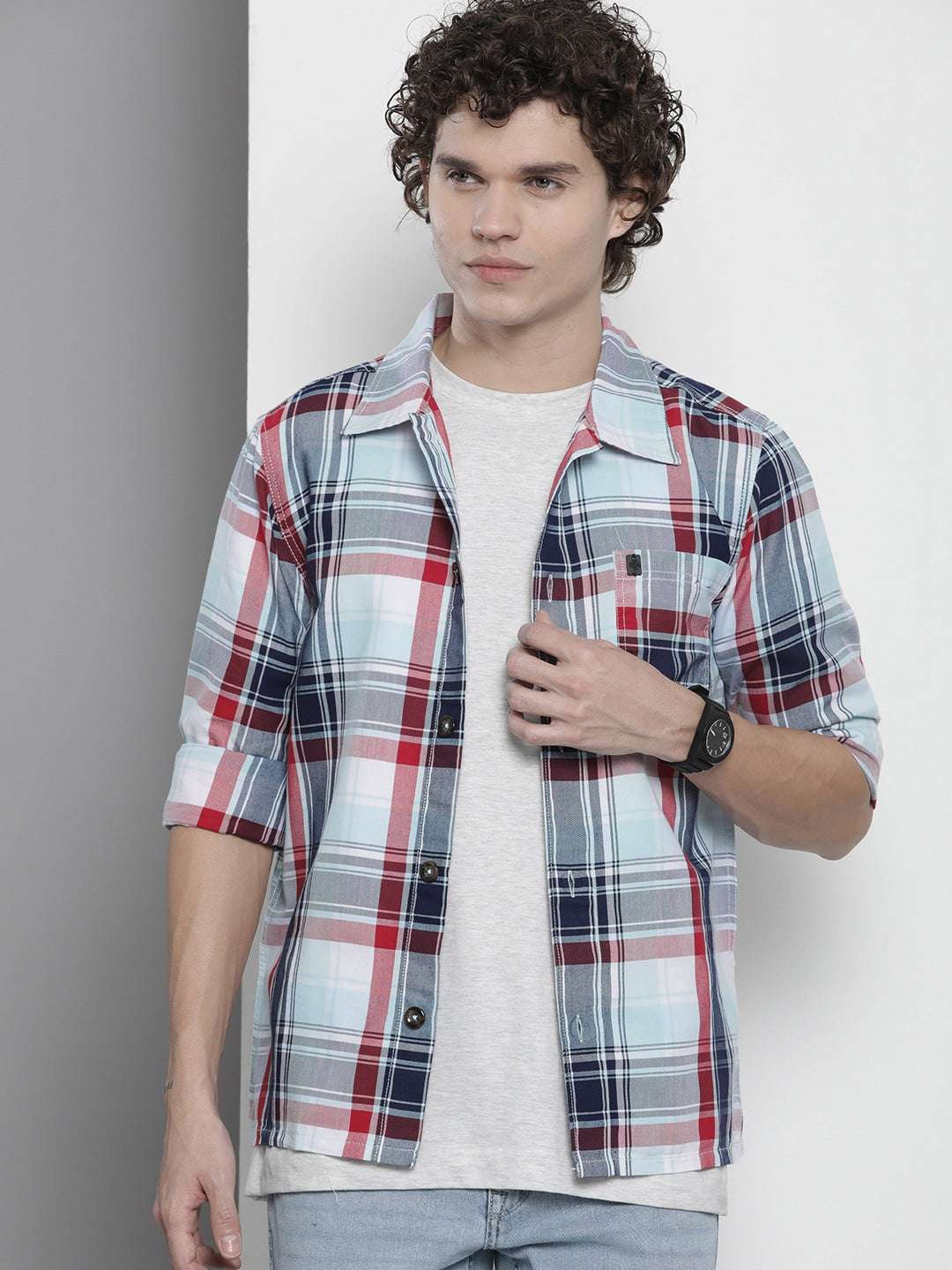 Men's Blue Regular Fit Checkered Casual Shirt - Image 6