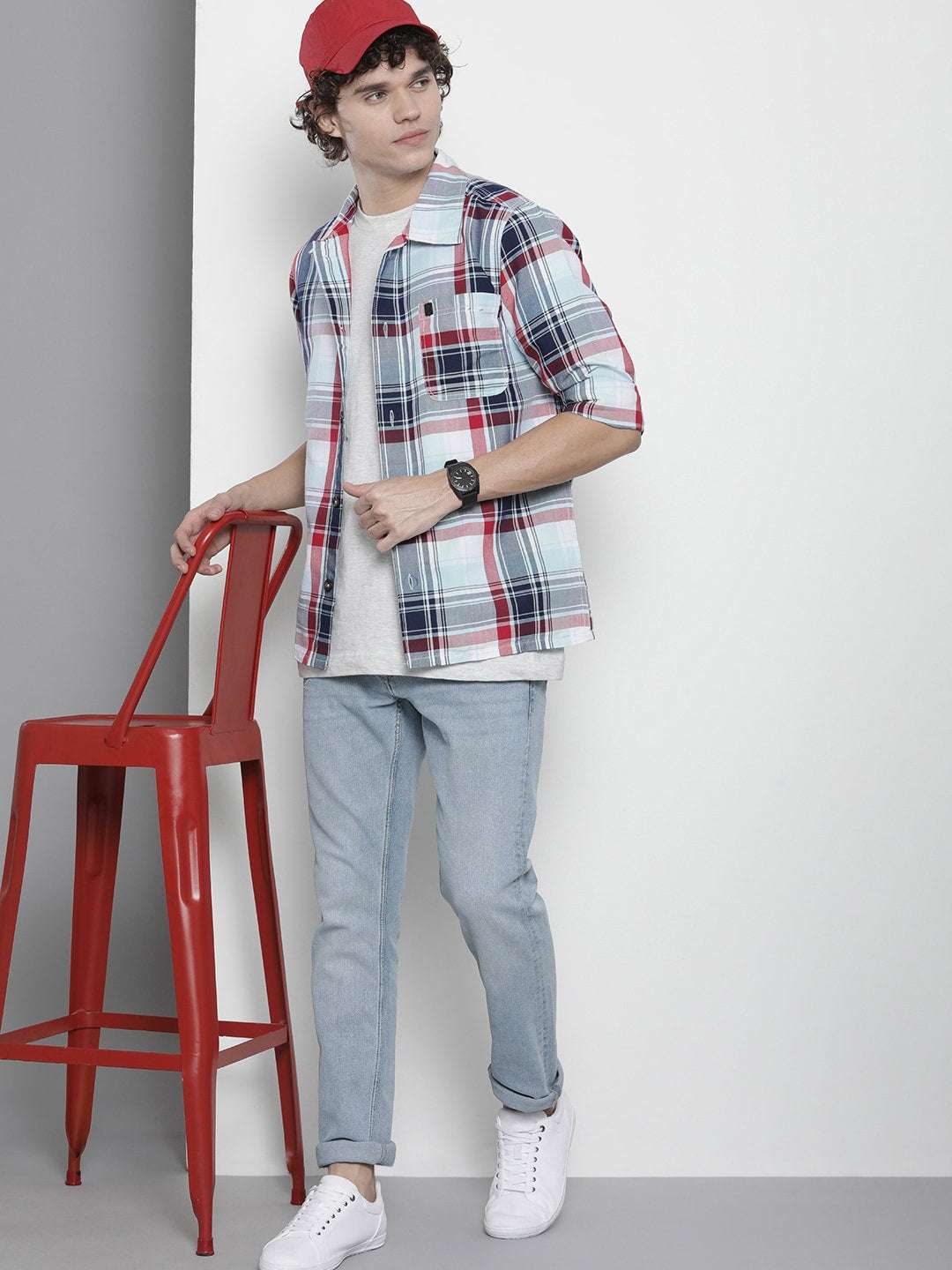 Men's Blue Regular Fit Checkered Casual Shirt - Image 7