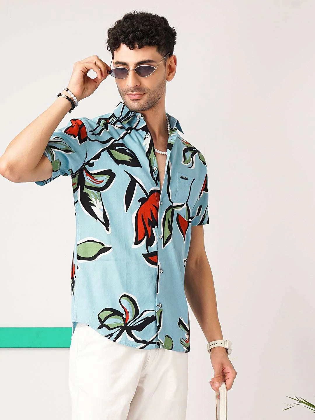 Men's Blue Slim Fit Printed Resort Wear Shirt - Image 5