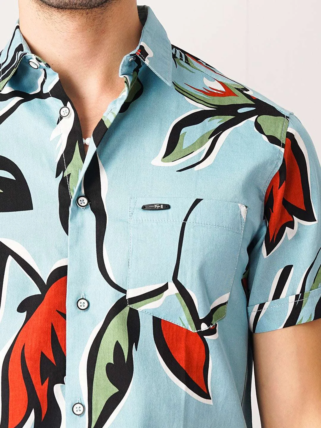 Men's Blue Slim Fit Printed Resort Wear Shirt - Image 6