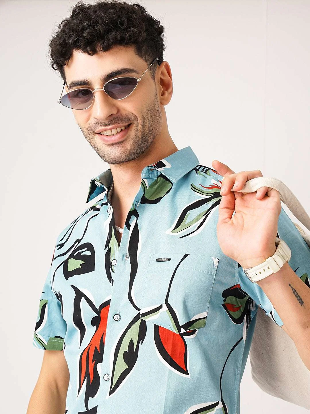 Men's Blue Slim Fit Printed Resort Wear Shirt - Image 8