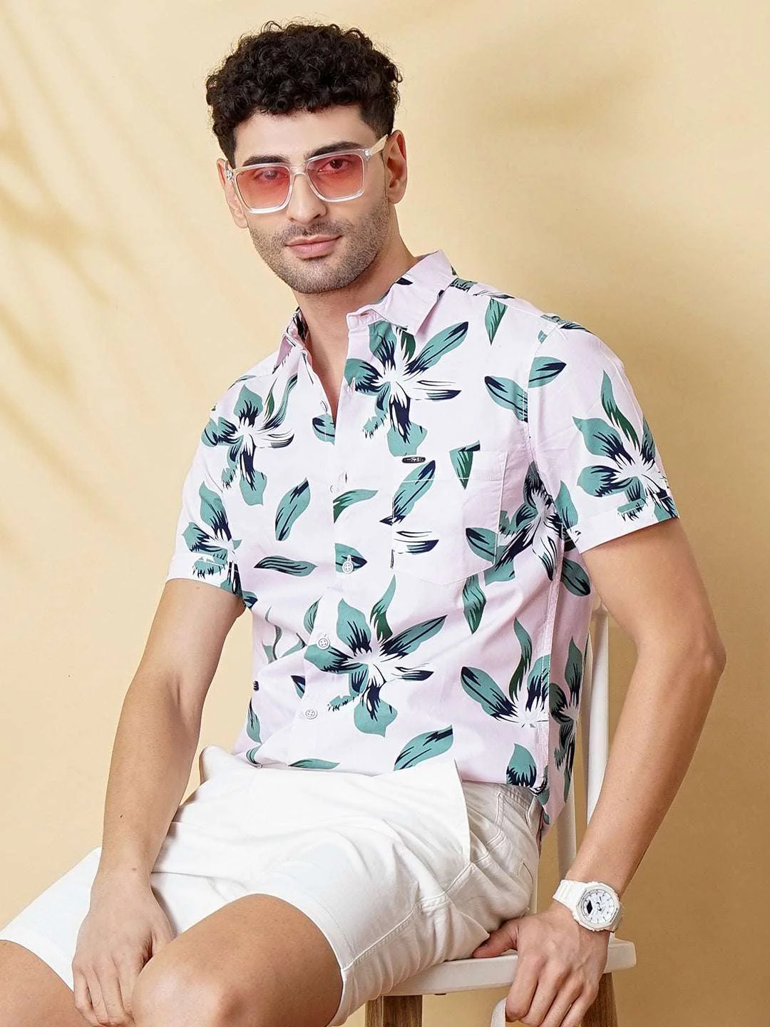 Men's Pink Slim Fit Printed Resort Wear Shirt - Image 2