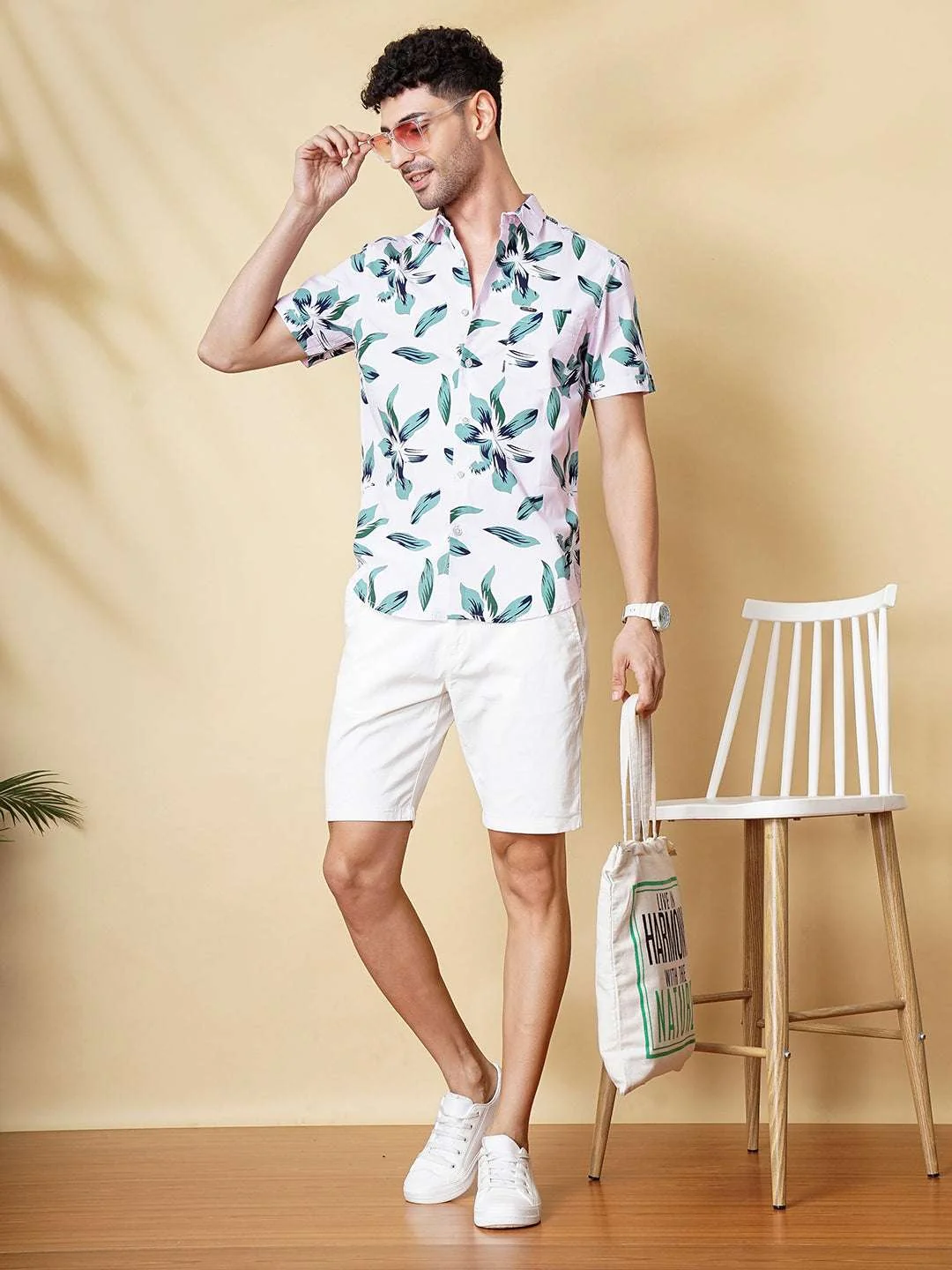 Men's Pink Slim Fit Printed Resort Wear Shirt - Image 3