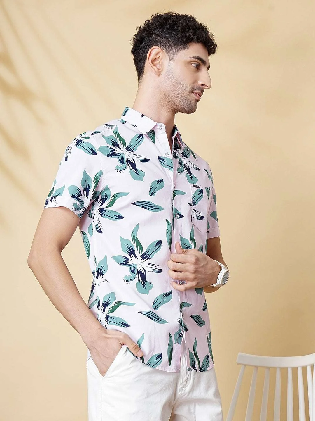 Men's Pink Slim Fit Printed Resort Wear Shirt - Image 4