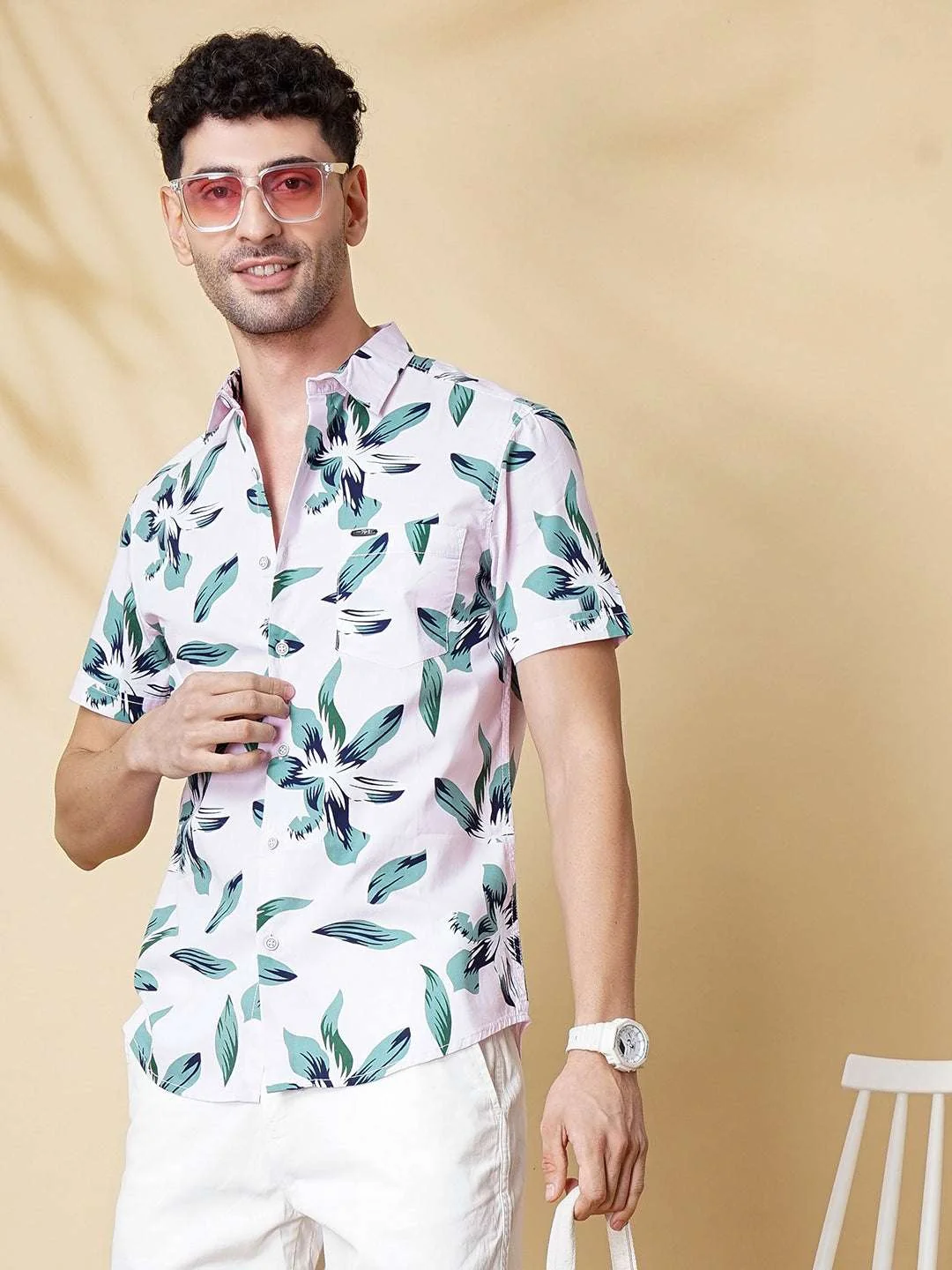 Men's Pink Slim Fit Printed Resort Wear Shirt - Image 5