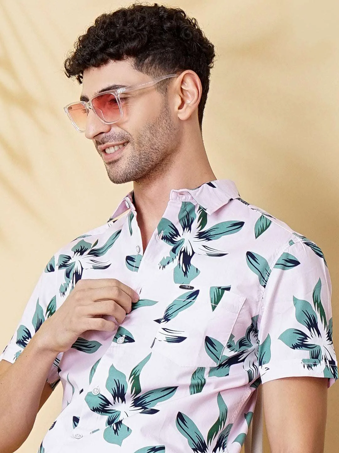 Men's Pink Slim Fit Printed Resort Wear Shirt - Image 8