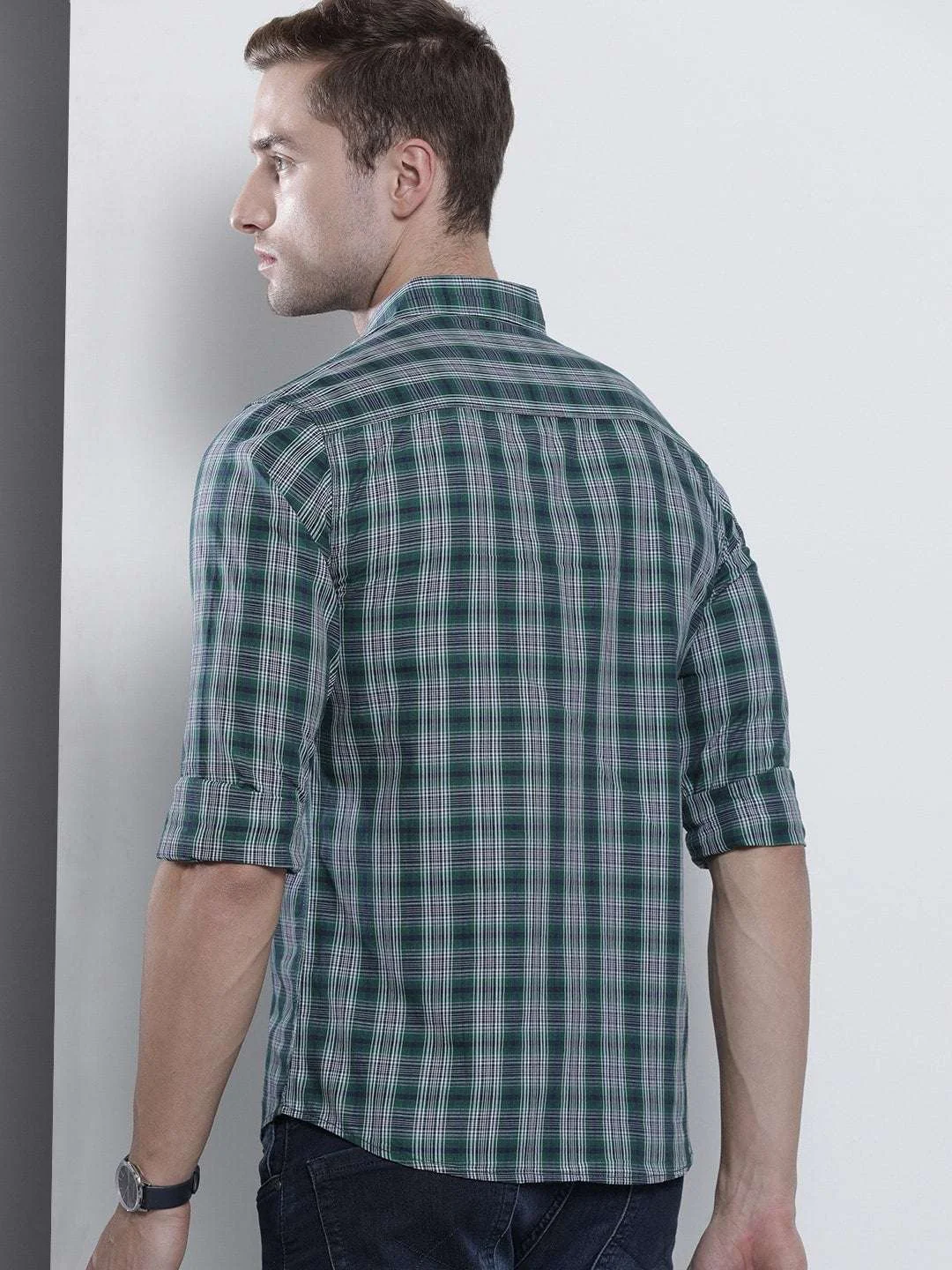 Men's Green Slim Fit Checkered Casual Shirt - Image 5