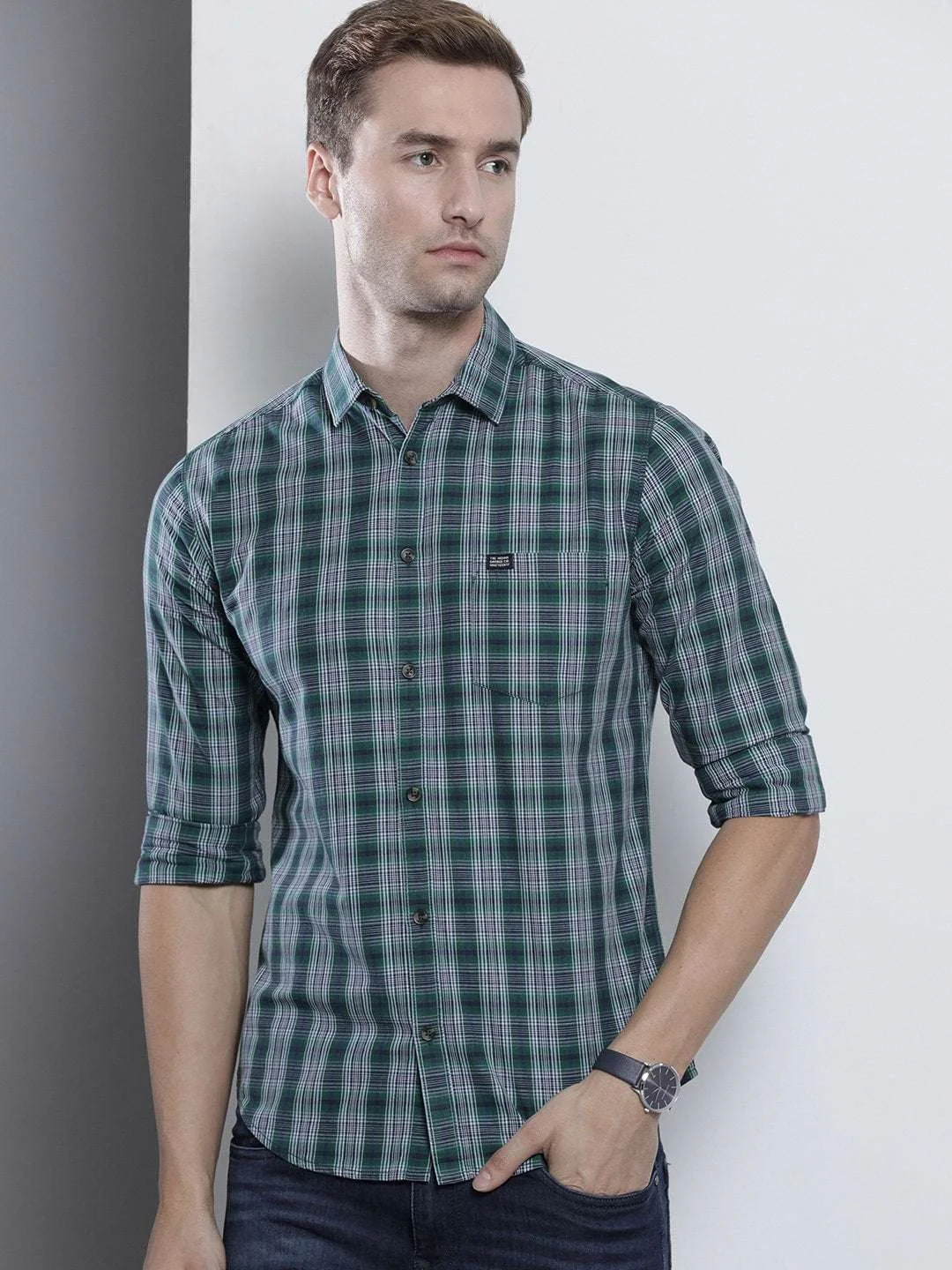 Men's Green Slim Fit Checkered Casual Shirt - Image 6