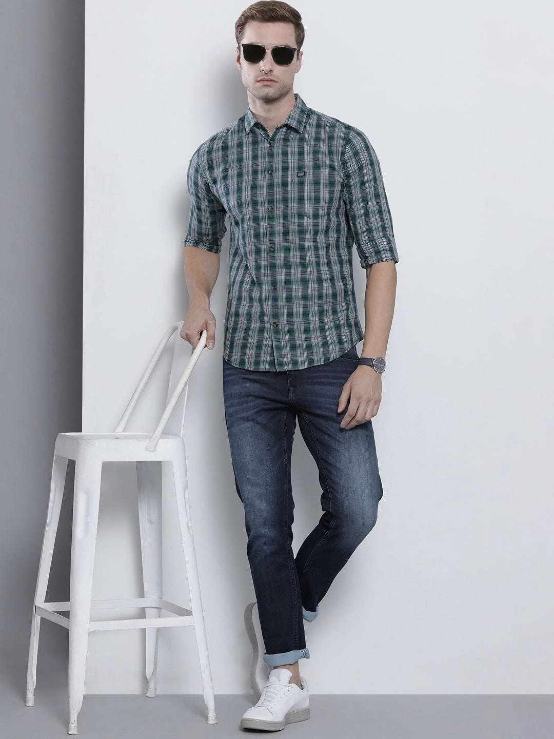 Men's Green Slim Fit Checkered Casual Shirt - Image 7