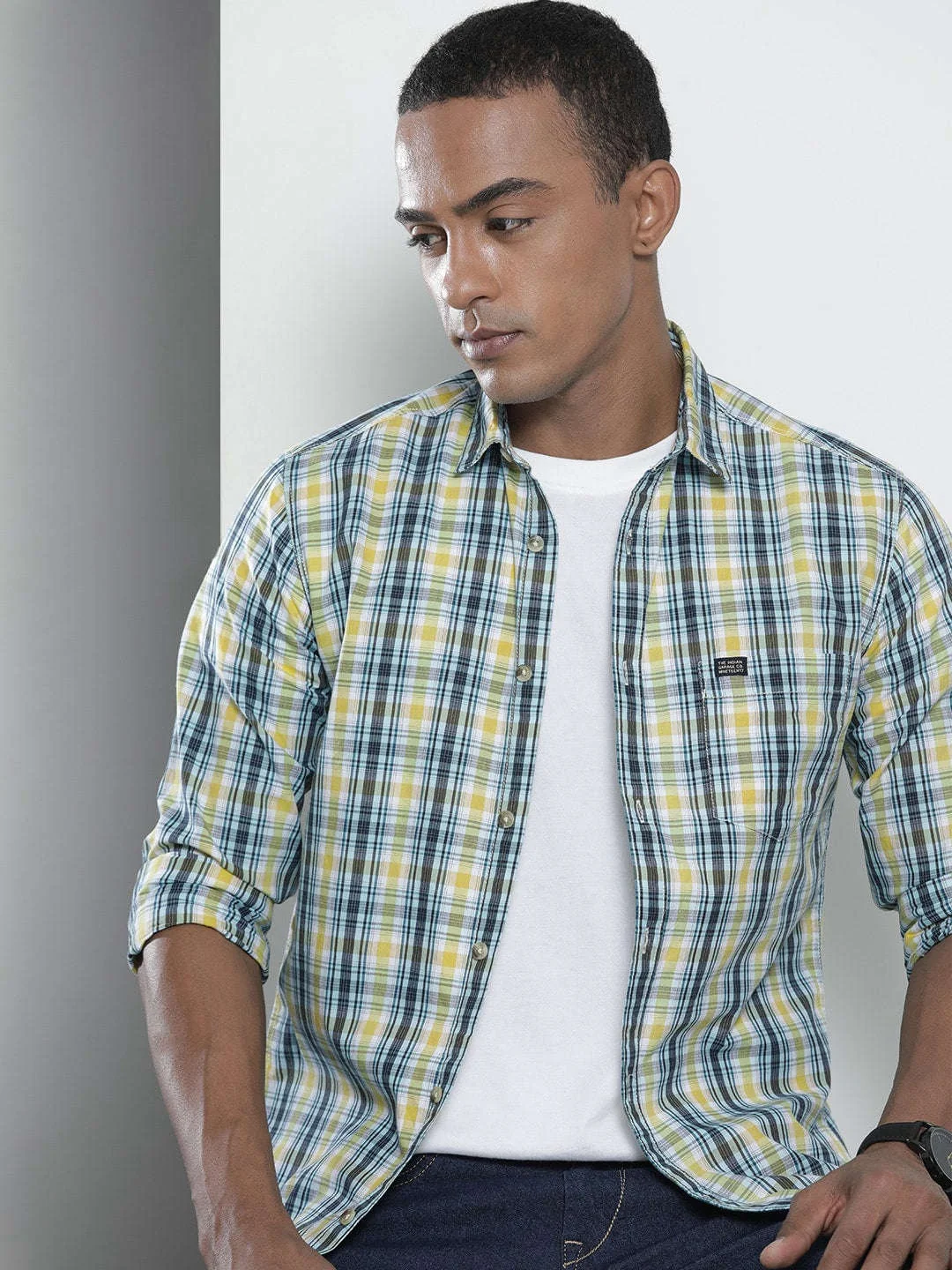 Men's Yellow Slim Fit Checkered Casual Shirt - Image 2