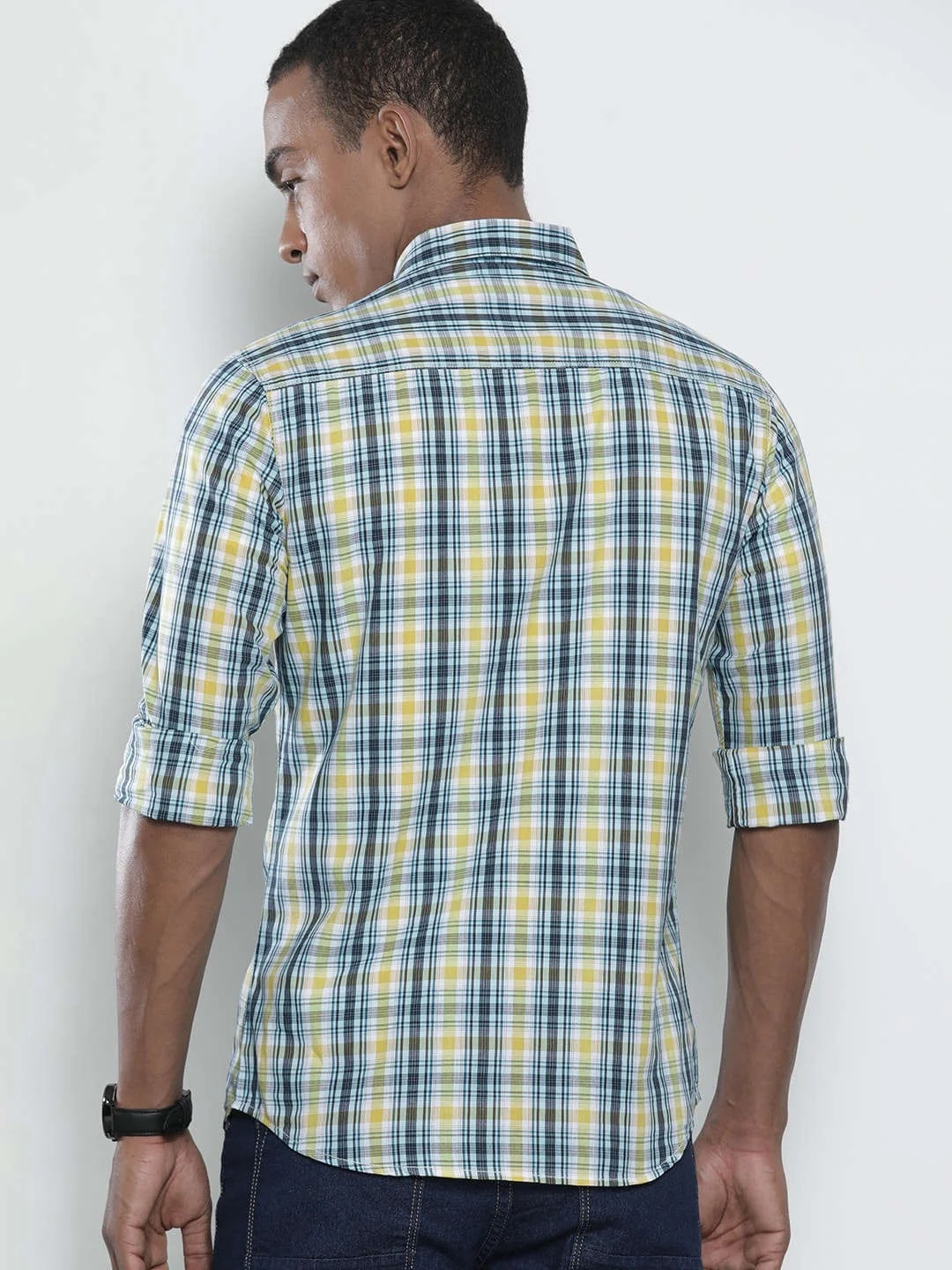 Men's Yellow Slim Fit Checkered Casual Shirt - Image 5