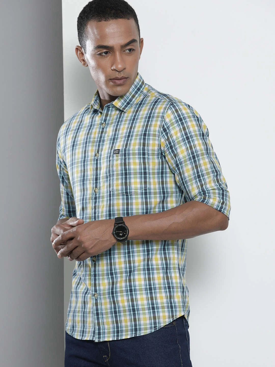 Men's Yellow Slim Fit Checkered Casual Shirt - Image 6