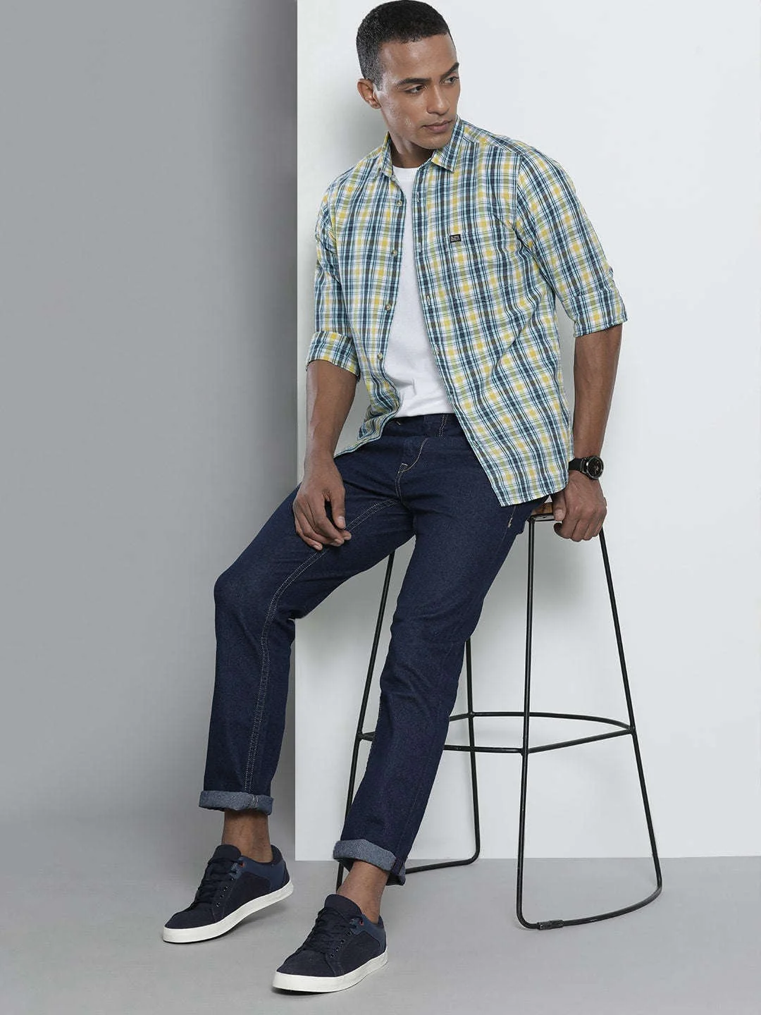 Men's Yellow Slim Fit Checkered Casual Shirt - Image 7