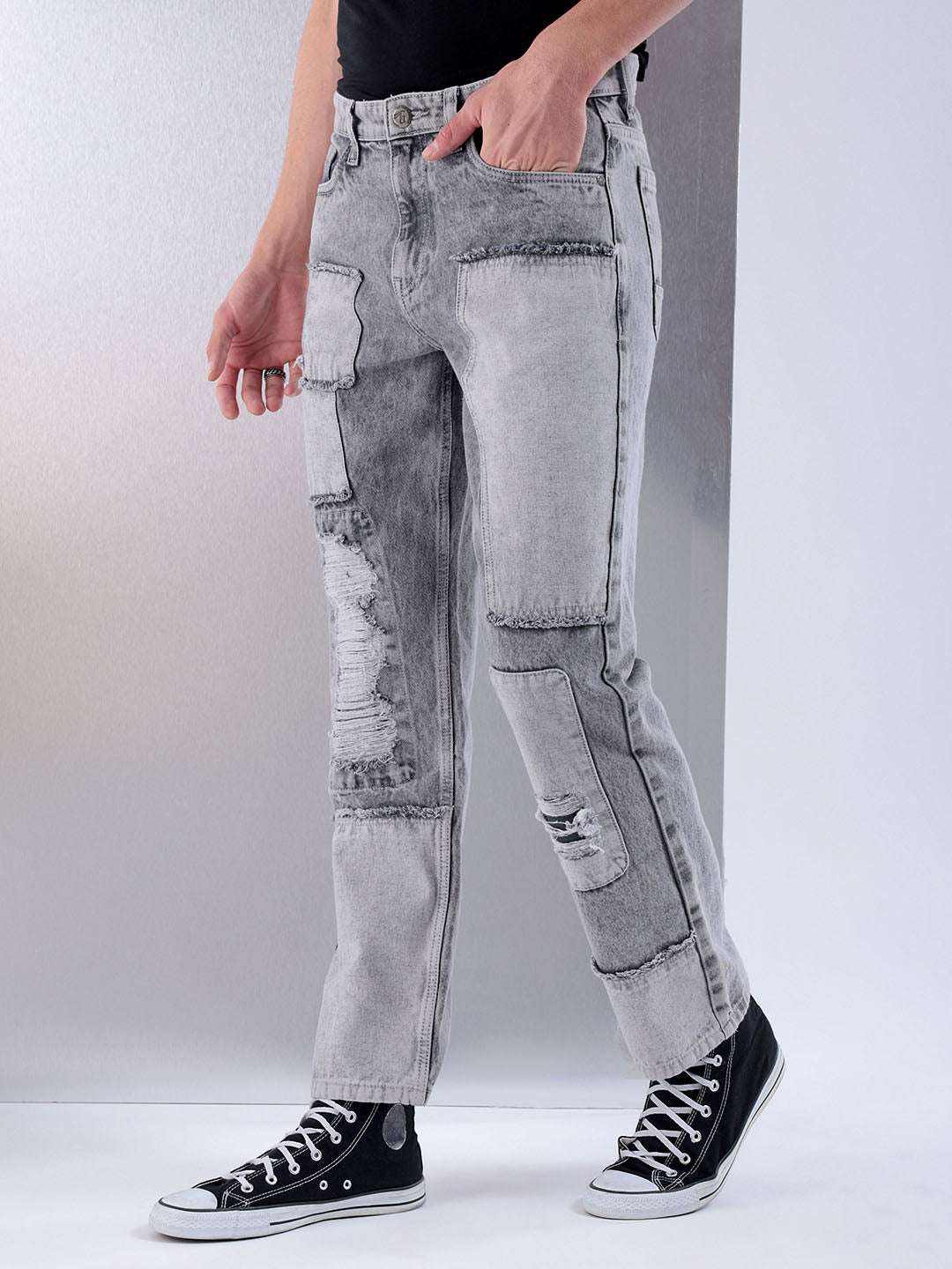 Men's Grey Regular Fit Solid Casual Jeans - Image 3