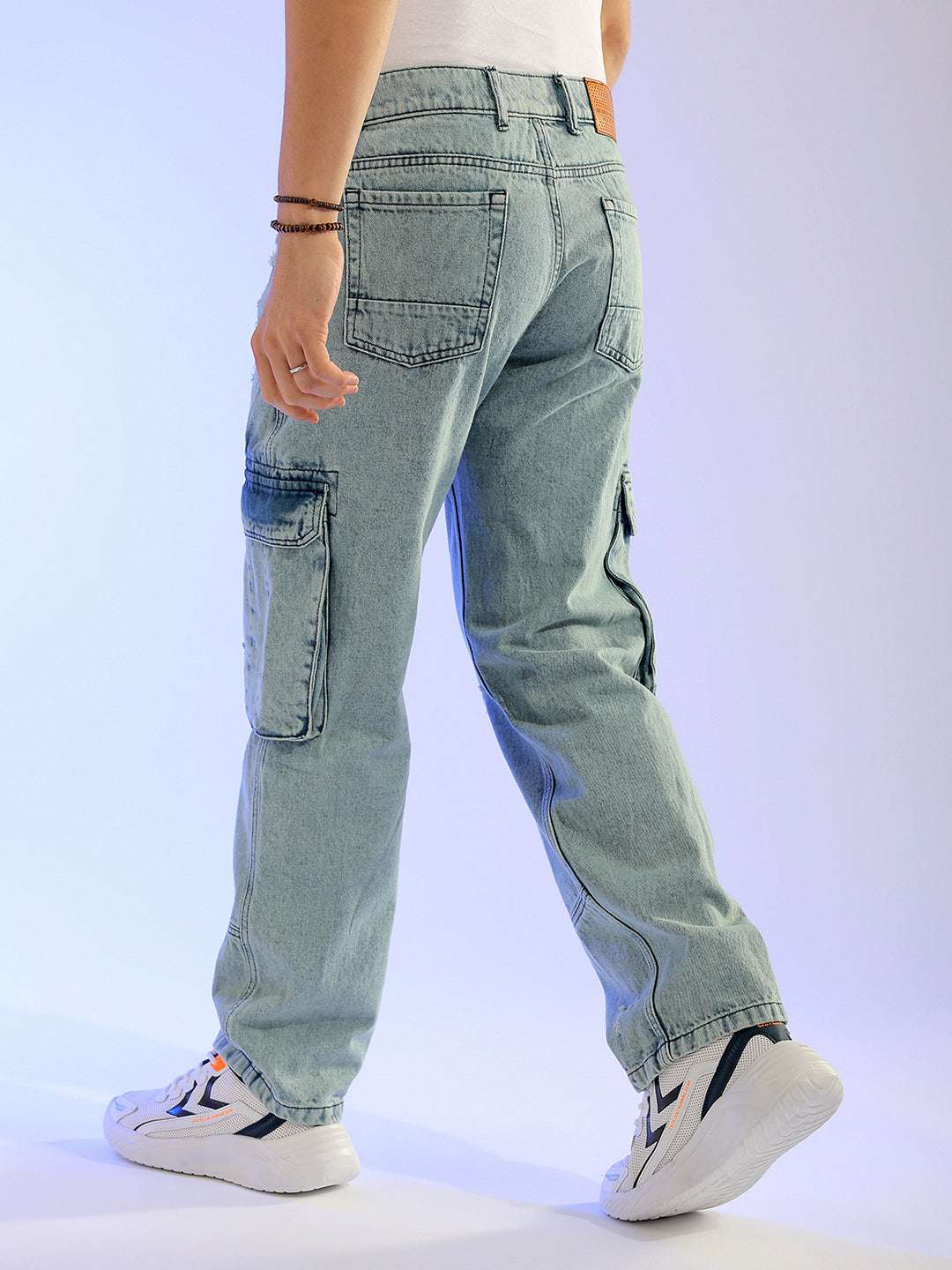 Men's Blue Relaxed Fit Distressed Mid-Rise Cargo Denim - Image 3