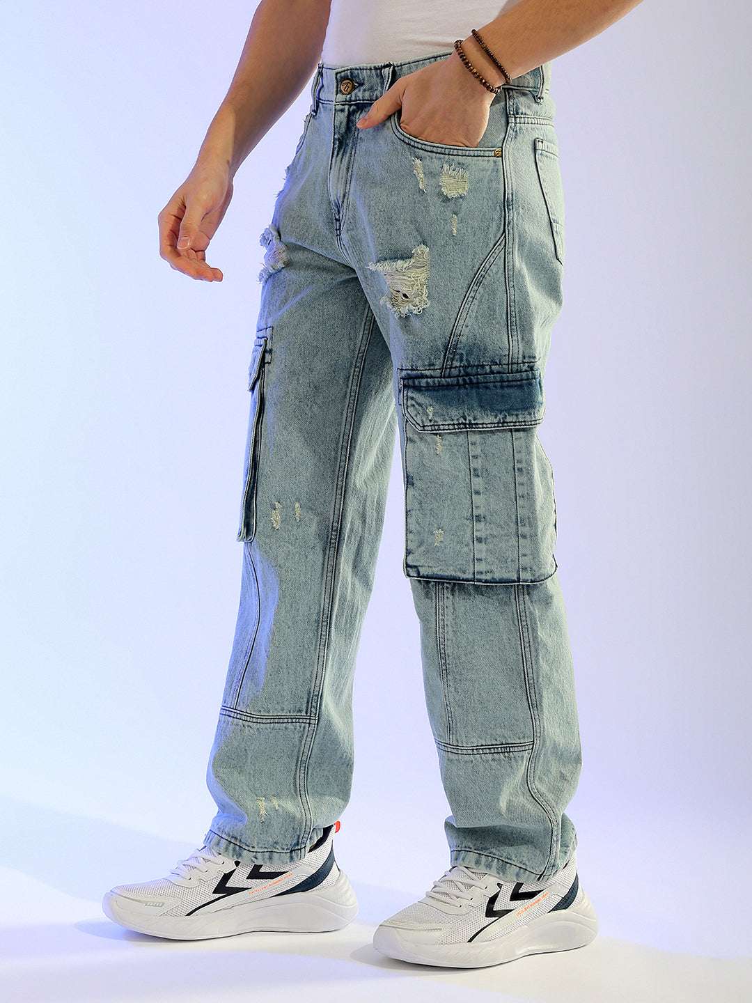 Men's Blue Relaxed Fit Distressed Mid-Rise Cargo Denim - Image 4