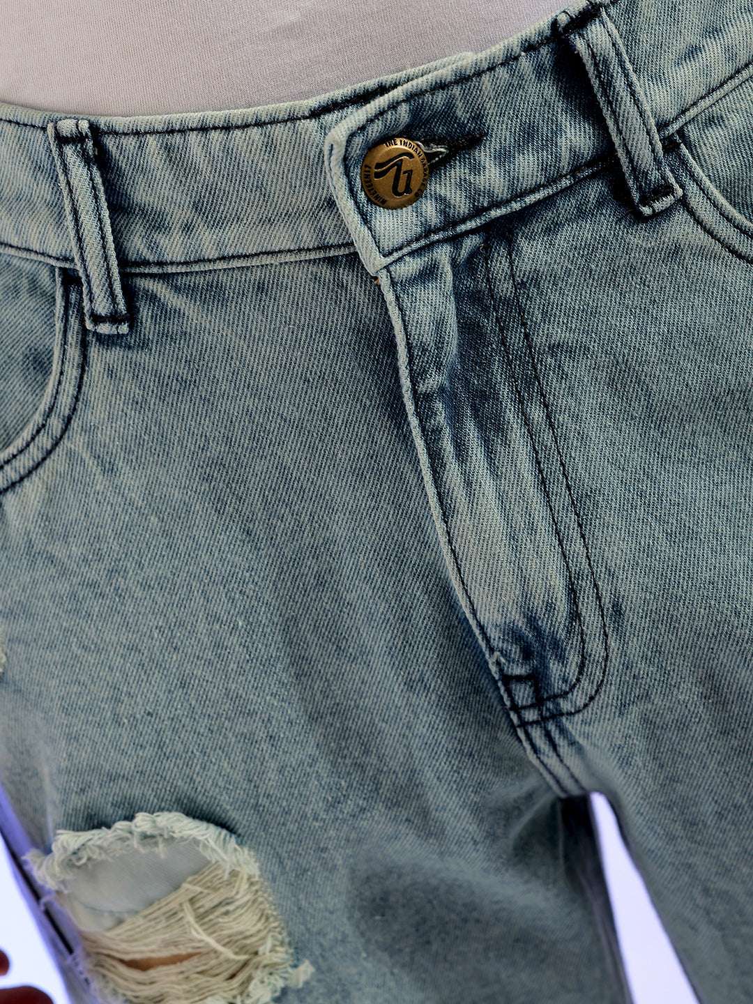 Men's Blue Relaxed Fit Distressed Mid-Rise Cargo Denim - Image 5