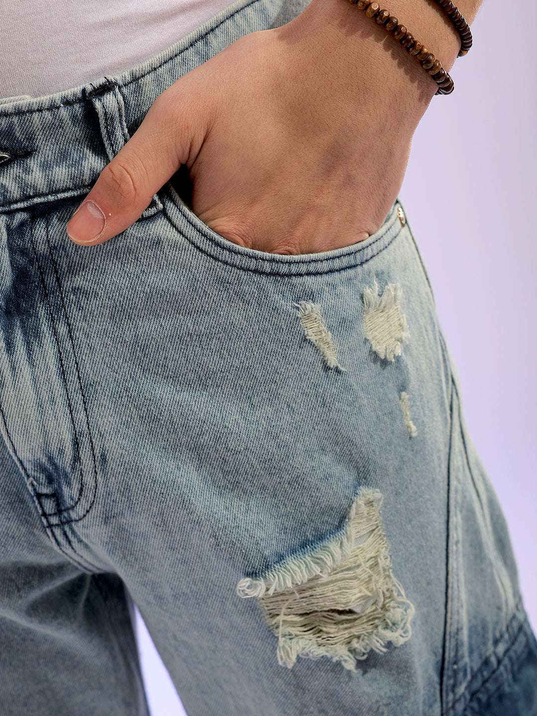 Men's Blue Relaxed Fit Distressed Mid-Rise Cargo Denim - Image 6