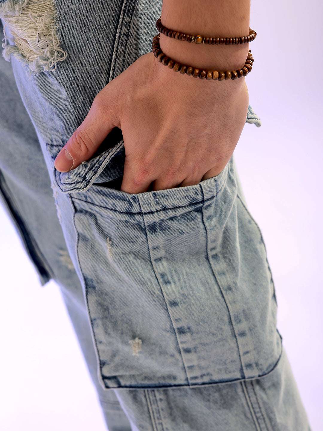 Men's Blue Relaxed Fit Distressed Mid-Rise Cargo Denim - Image 7