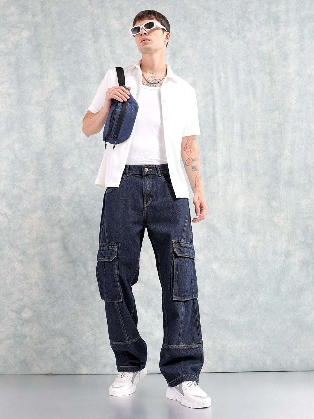 Men's Navy Relaxed Fit Distressed Mid-Rise Cargo Denim - Image 2