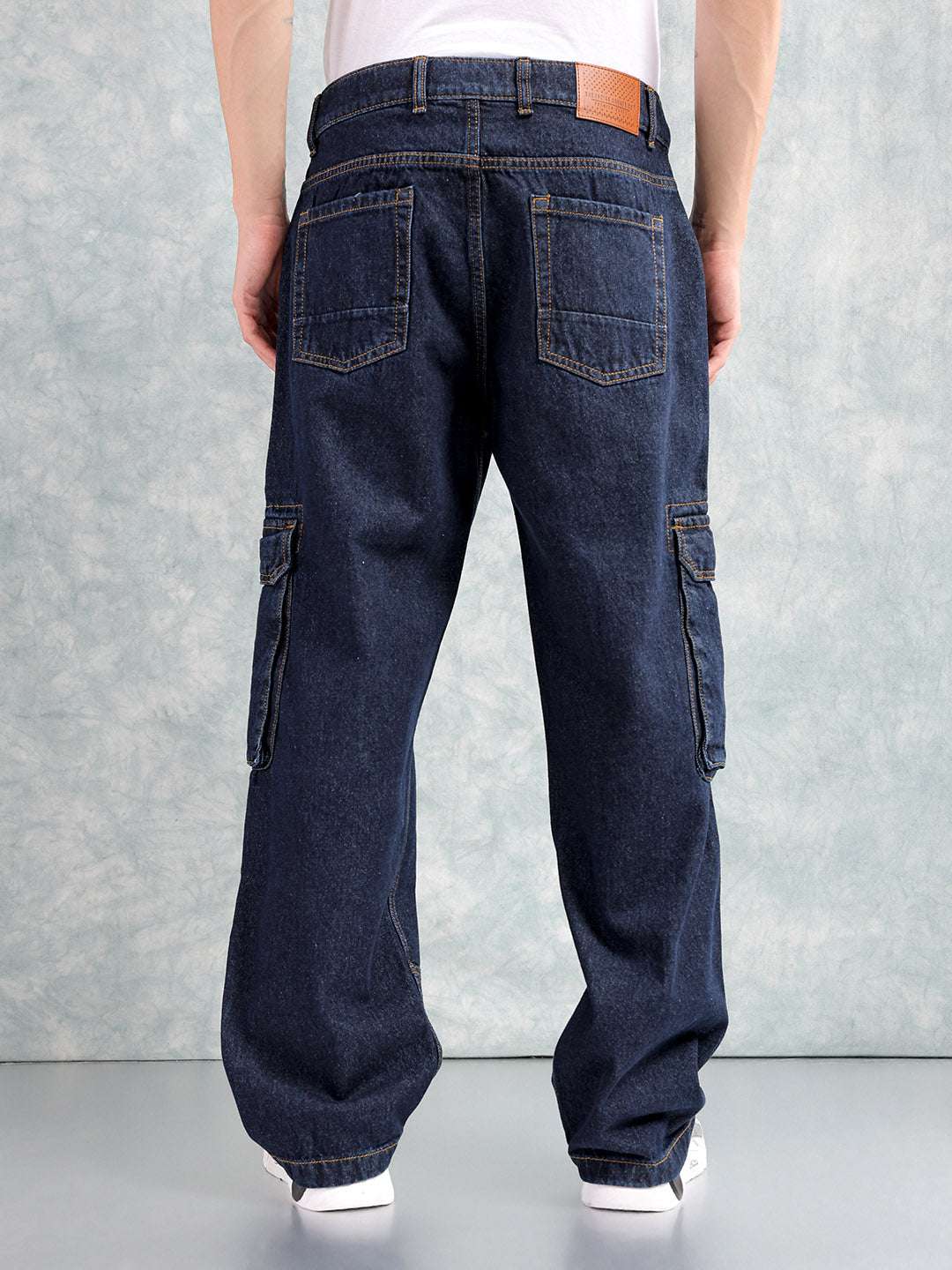 Men's Navy Relaxed Fit Distressed Mid-Rise Cargo Denim - Image 3