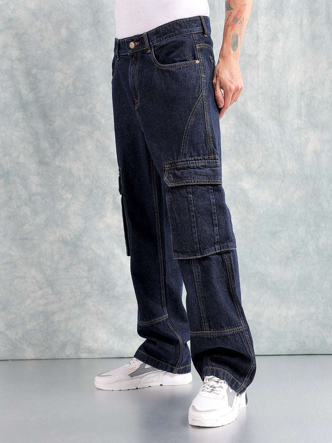Men's Navy Relaxed Fit Distressed Mid-Rise Cargo Denim - Image 4
