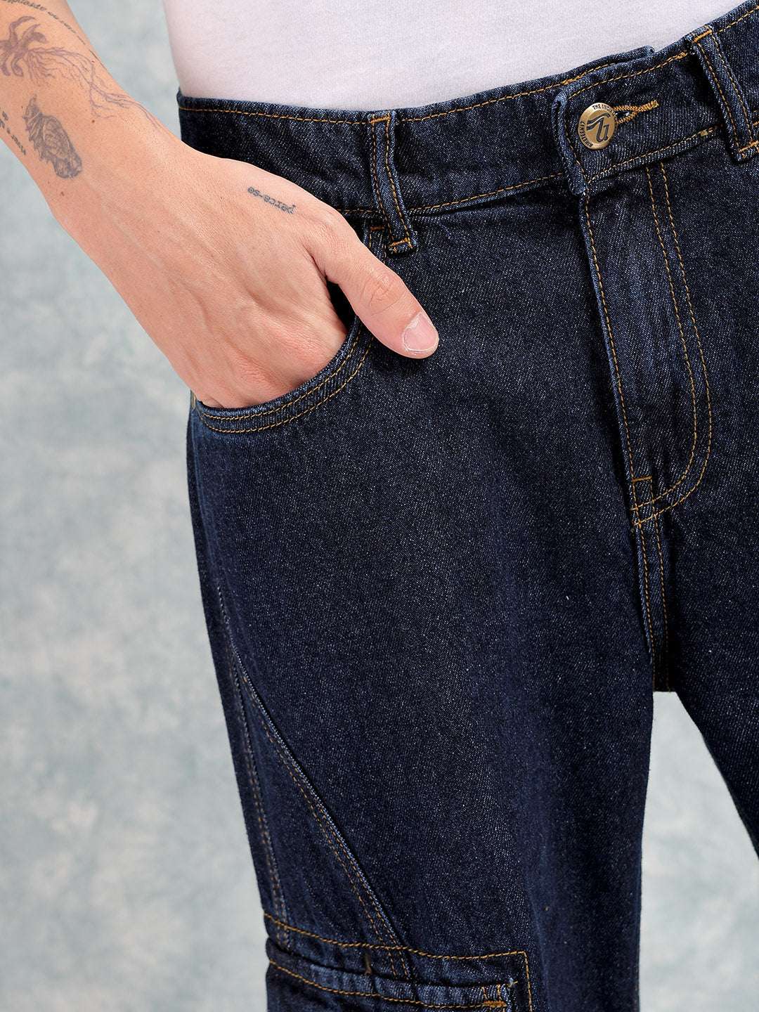 Men's Navy Relaxed Fit Distressed Mid-Rise Cargo Denim - Image 6