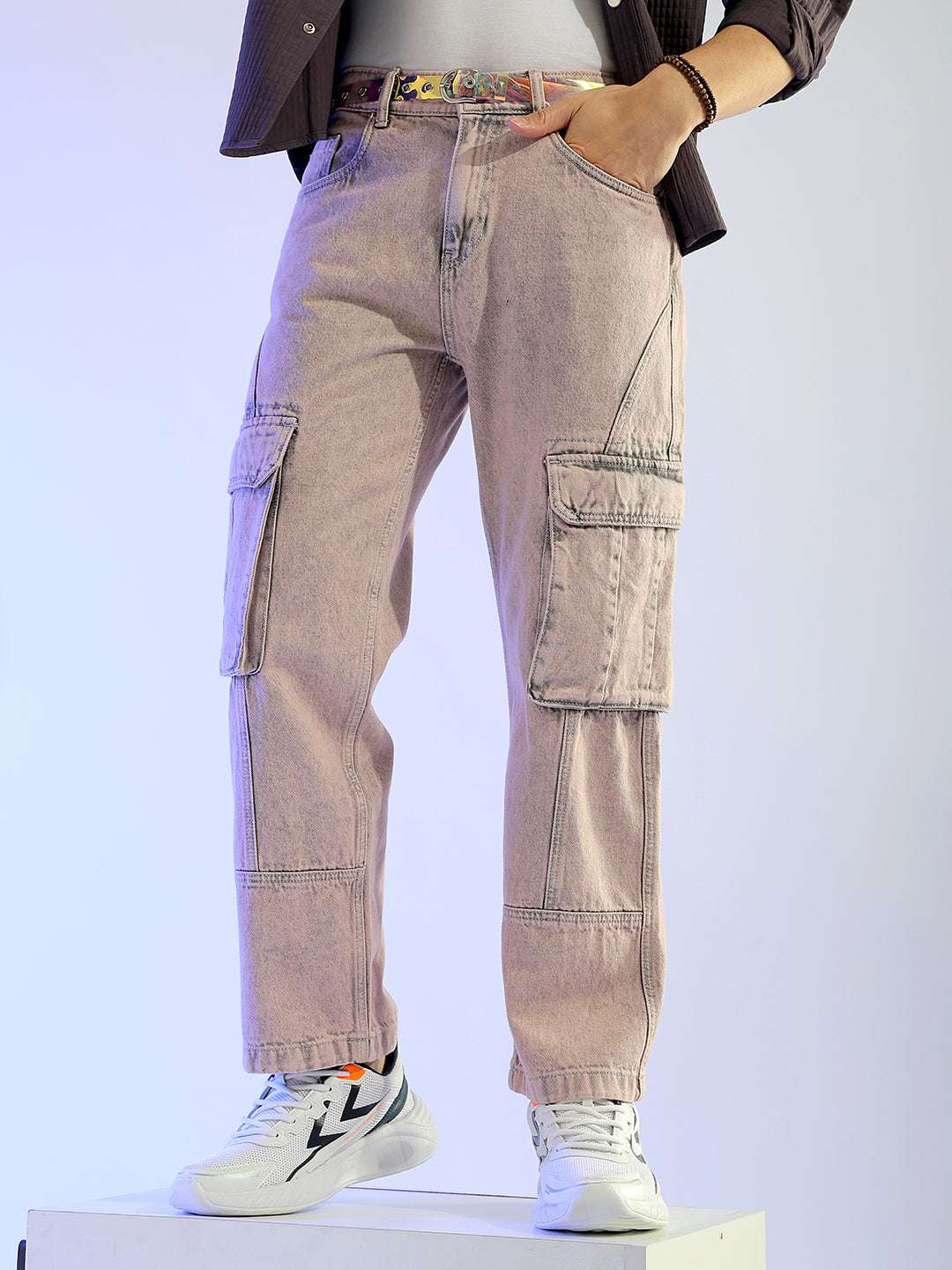 Men's Purple Relaxed Fit Distressed Mid-Rise Cargo Denim - Image 2