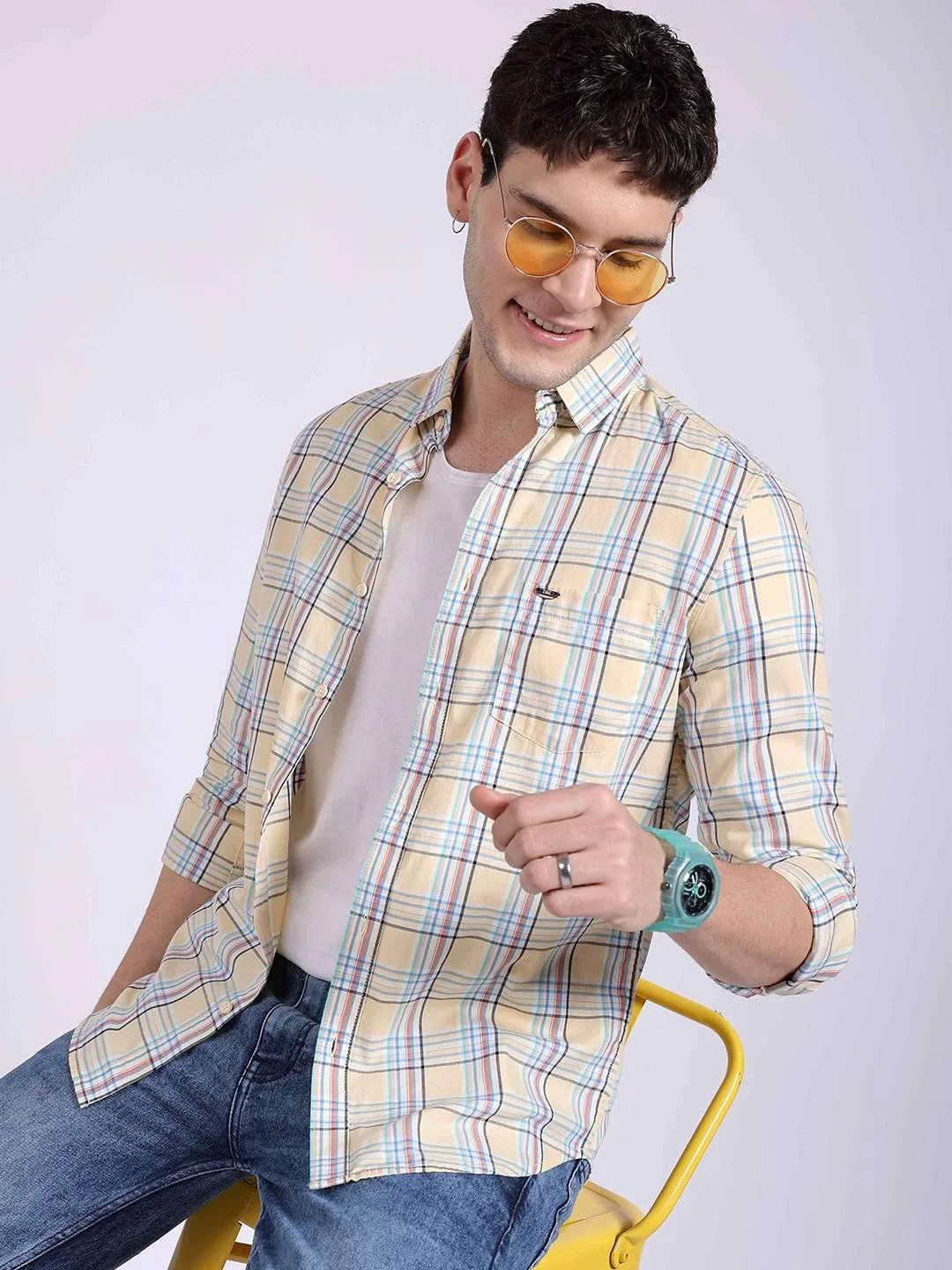 Men's Yellow Slim Fit Checkered Casual Shirt - Image 2