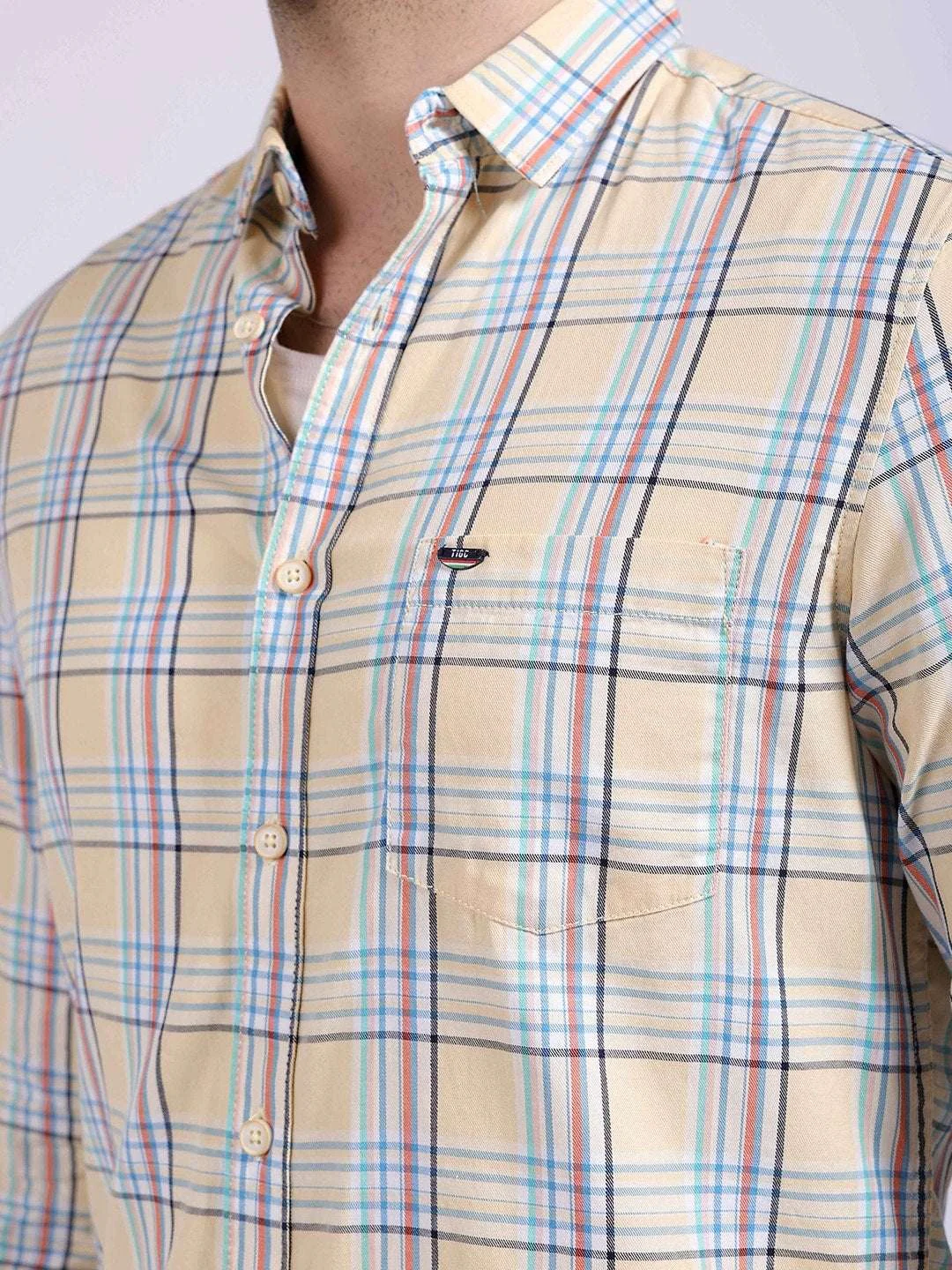 Men's Yellow Slim Fit Checkered Casual Shirt - Image 3