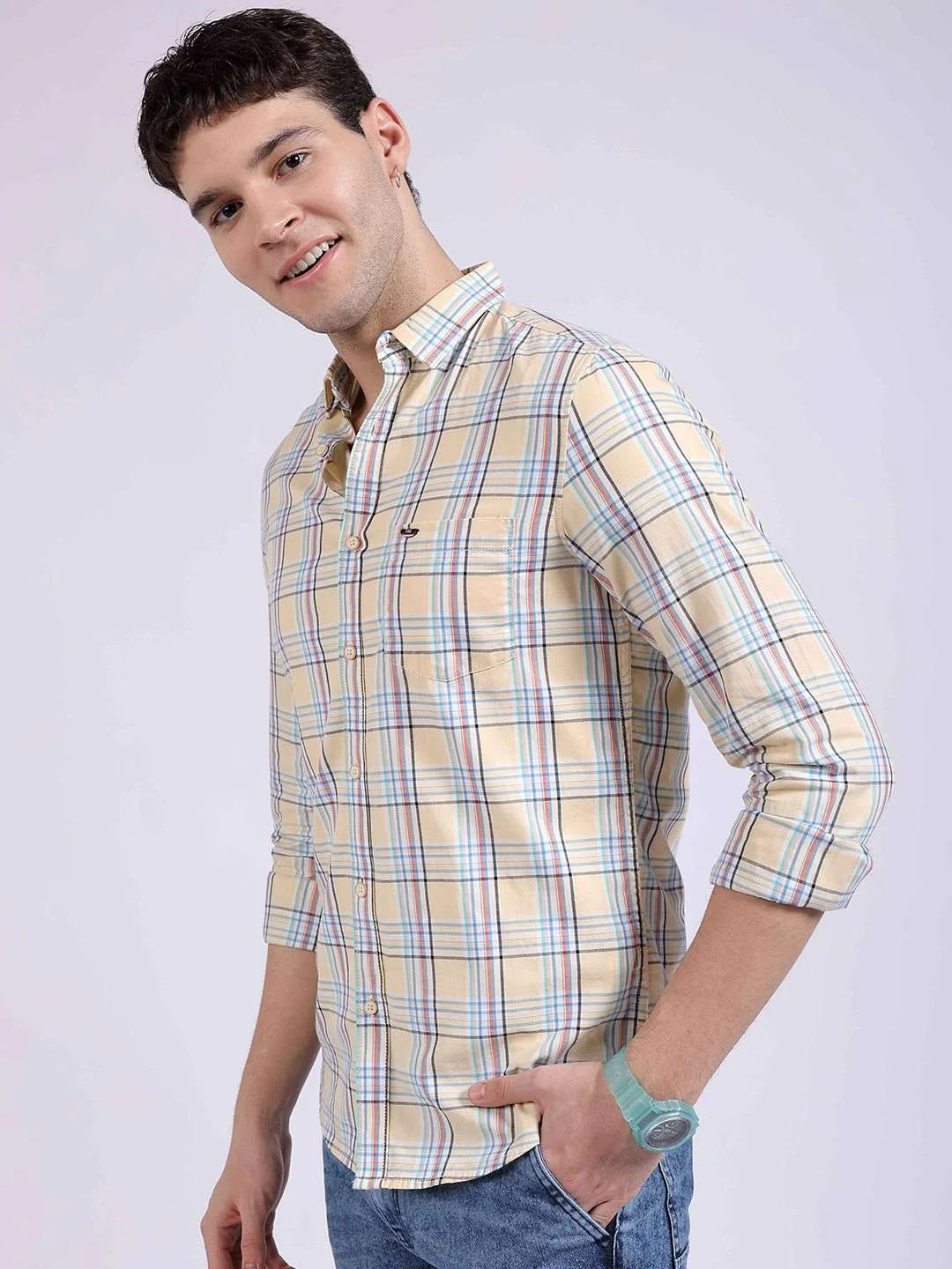 Men's Yellow Slim Fit Checkered Casual Shirt - Image 4