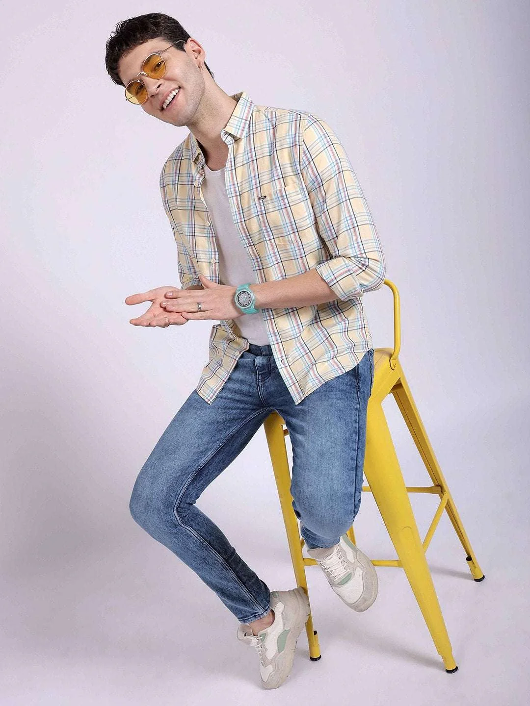 Men's Yellow Slim Fit Checkered Casual Shirt - Image 5