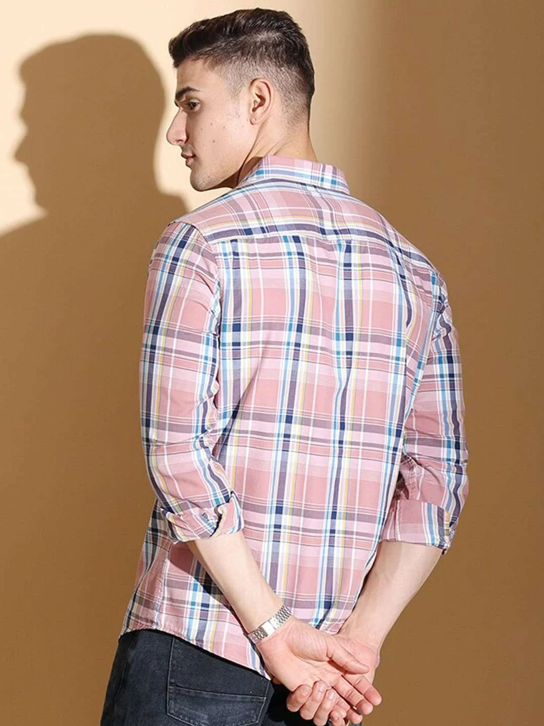 Men's Pink Slim Fit Checkered Casual Shirt - Image 6